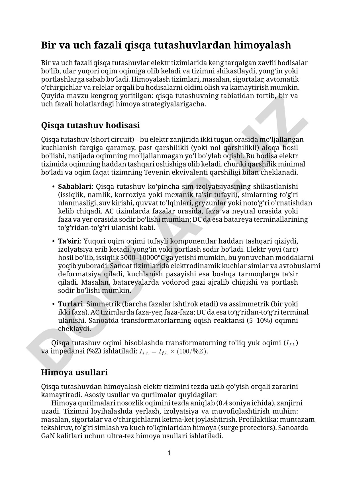 Bir va uch fazali qisqa tutashuvlardan himoyalash