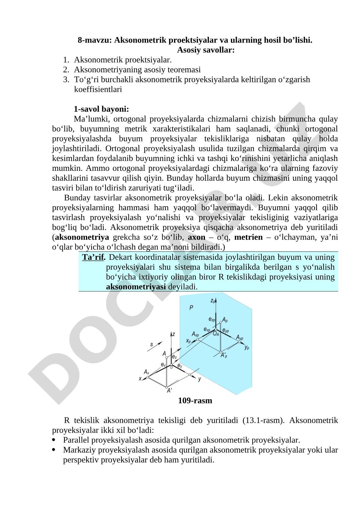 Aksonometrik proektsiyalar va ularning hosil bo’lishi