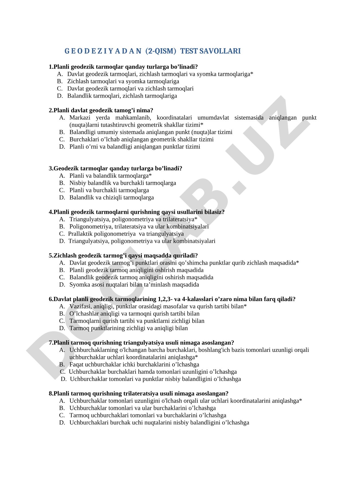 Geodeziyadan (2-qism) test savollari