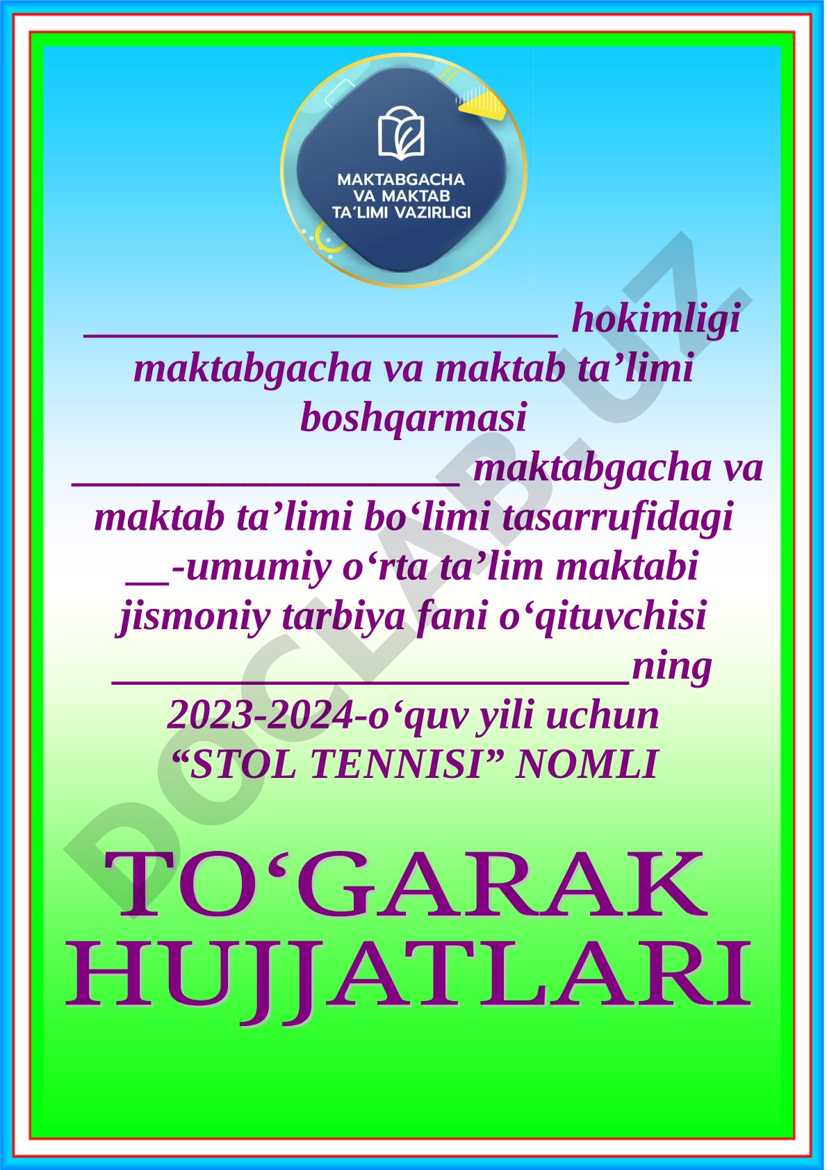 Stol tennisi to'garagining ish rejasi
