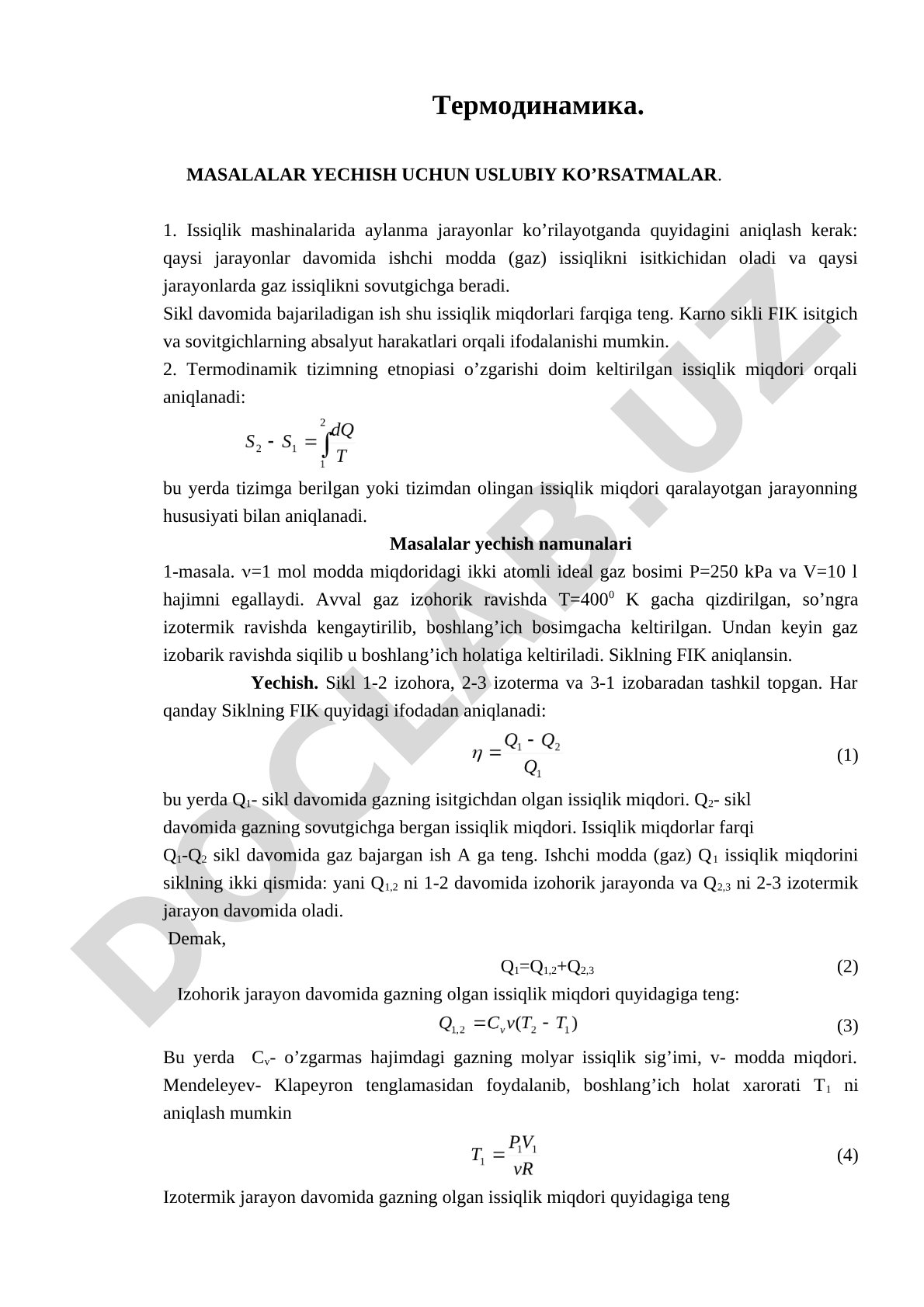 Termodinamika. Masalalar yechish uchun uslubiy ko'rsatmalar