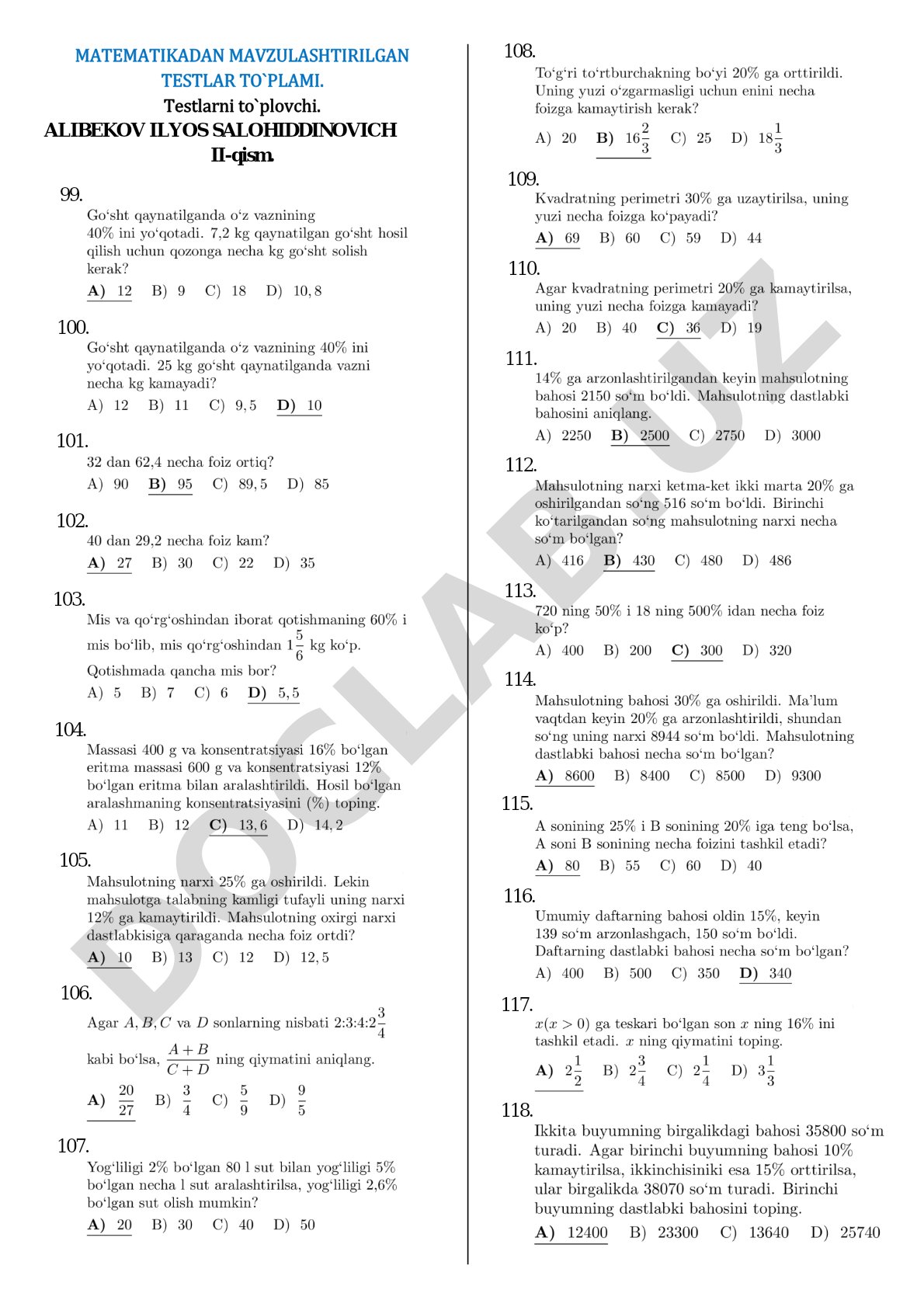 Matematikadan mavzulashtirilgan testlar to'plami II-qism