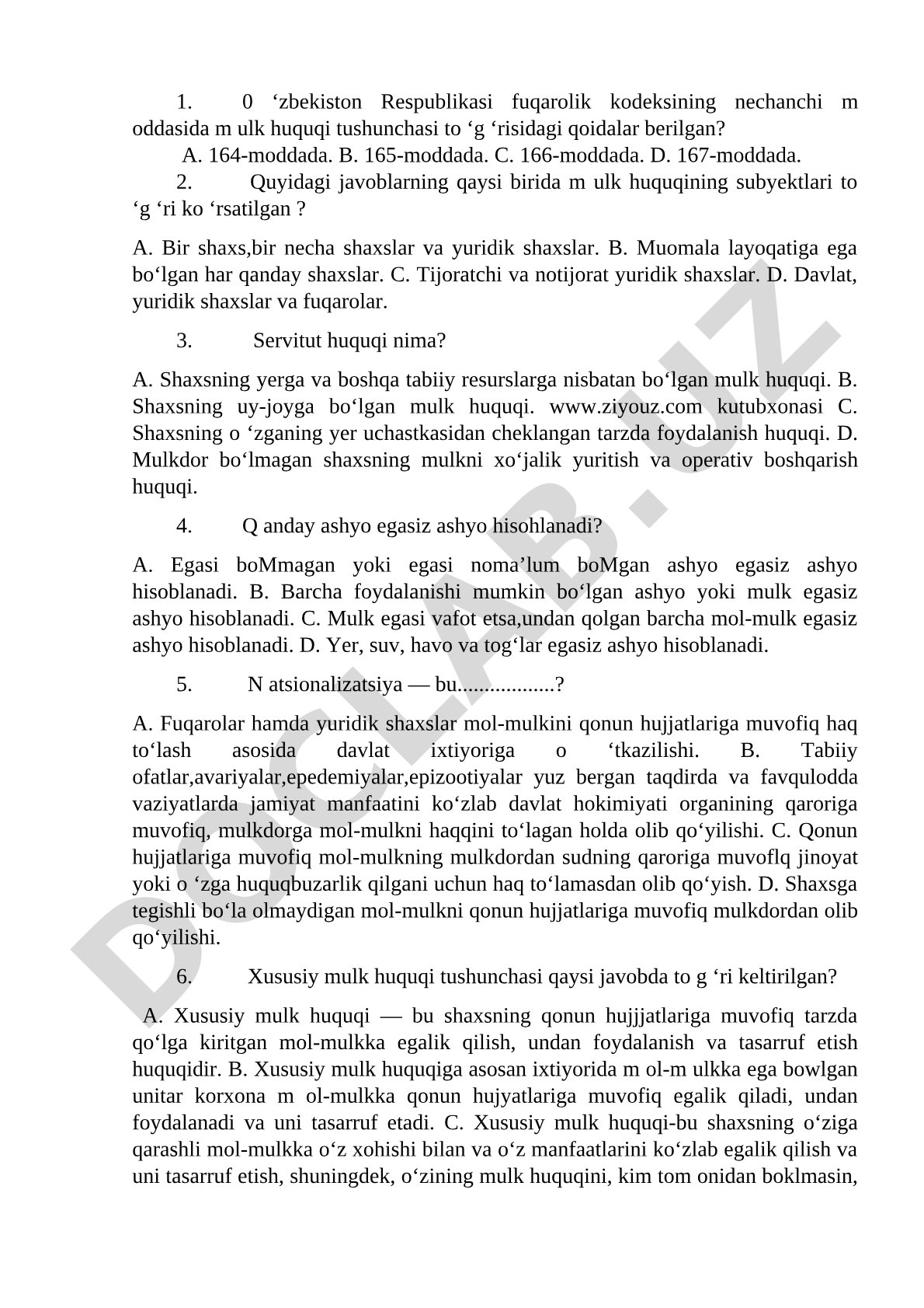 Fuqarolik kodeksi mulk huquqi bo'yicha test savollari