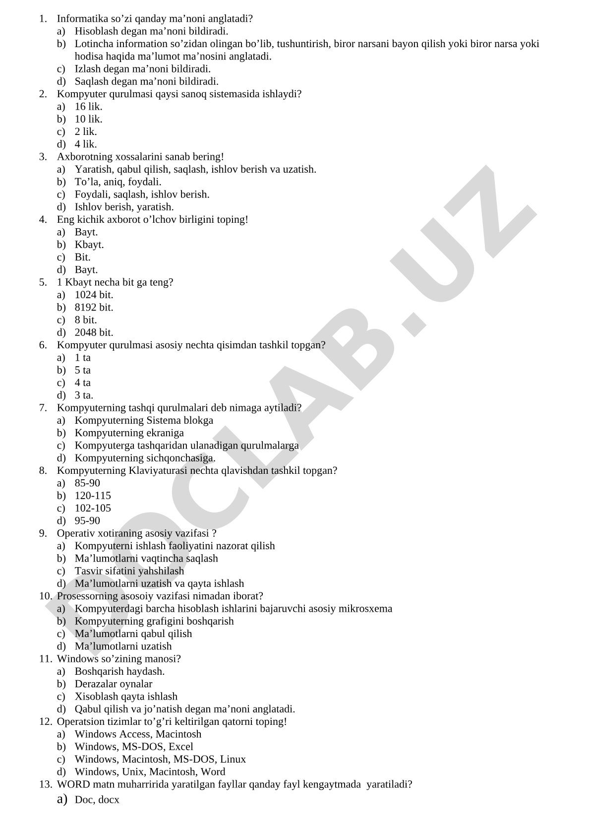 Informatika asoslari bo'yicha test savollari