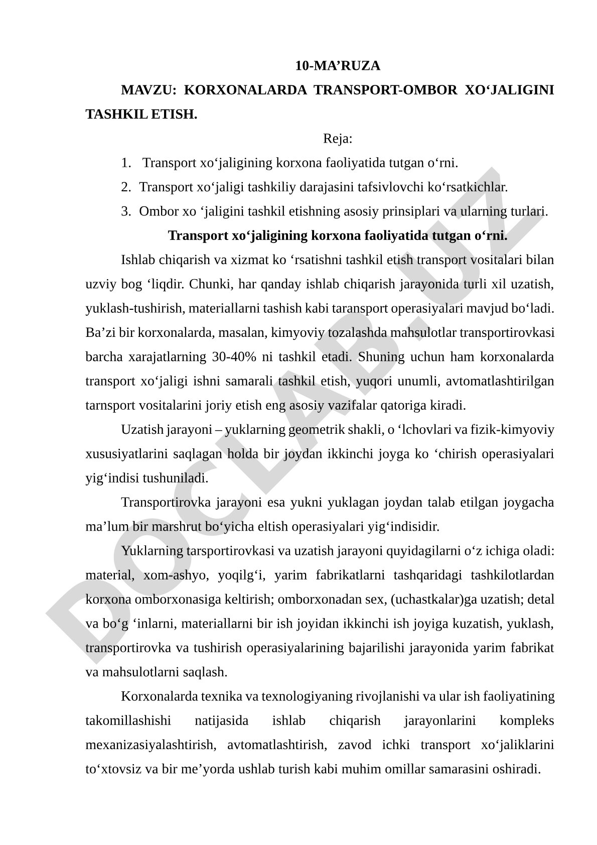 Korxonalarda transport-ombor xo'jaligini tashkil etish