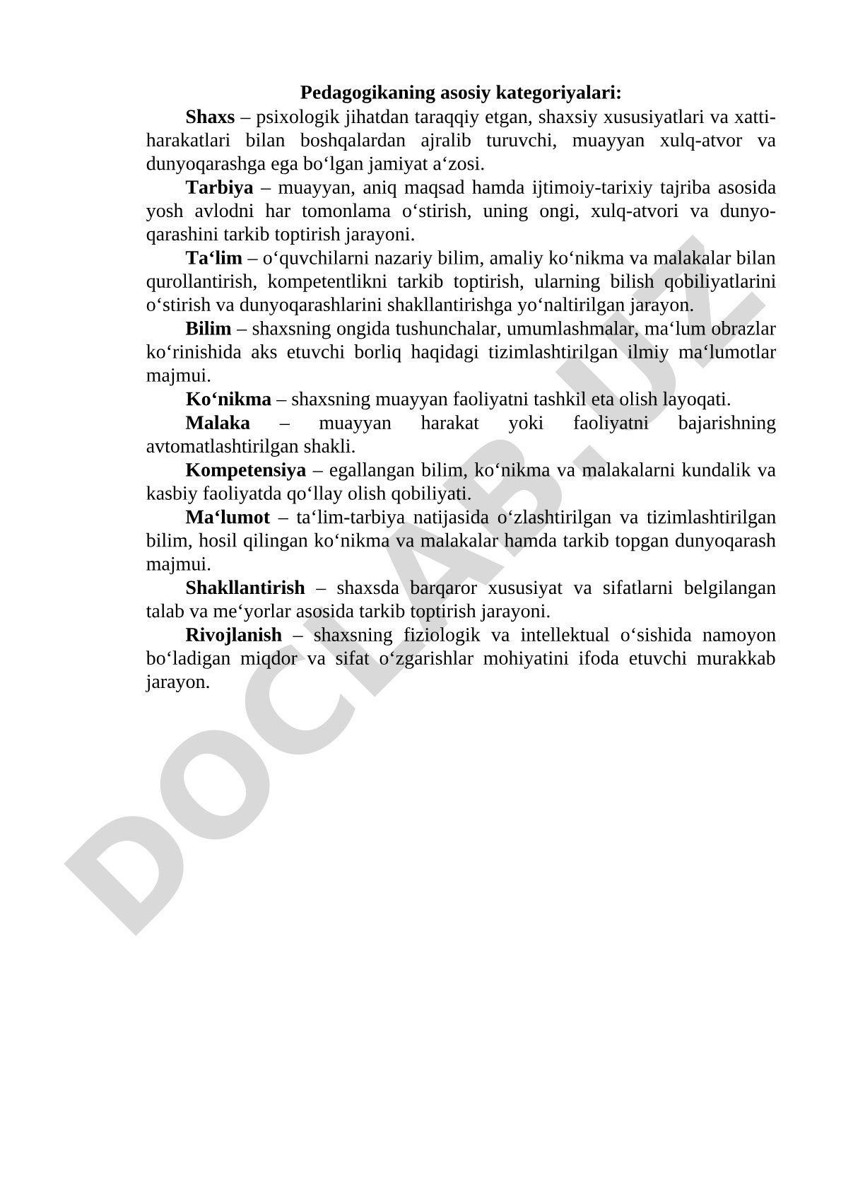 Pedagogikaning asosiy tushunchalari ta'riflari: shaxs, tarbiya, ta'lim va boshqalar