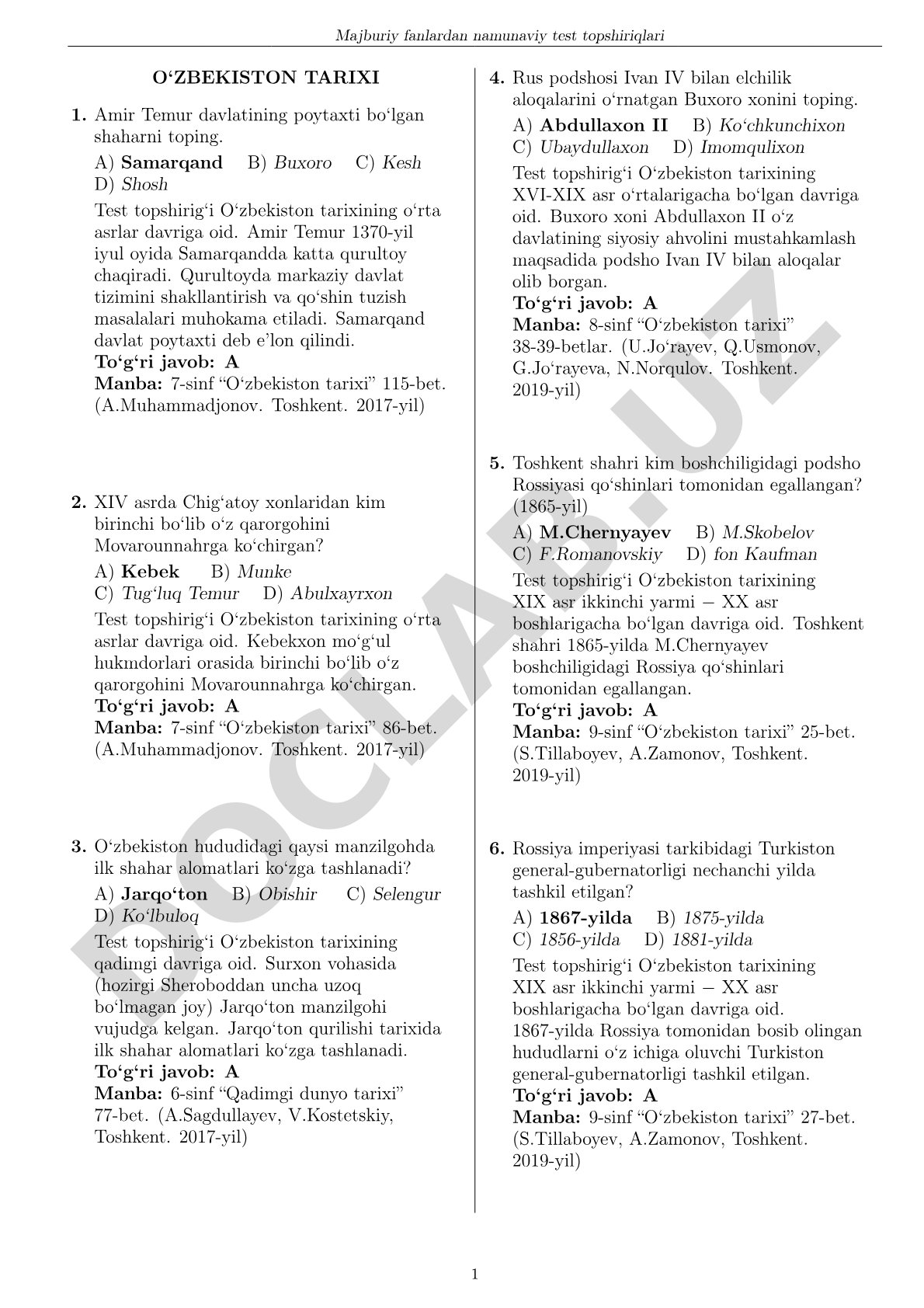 O‘zbekiston tarixidan namunaviy test topshiriqlari