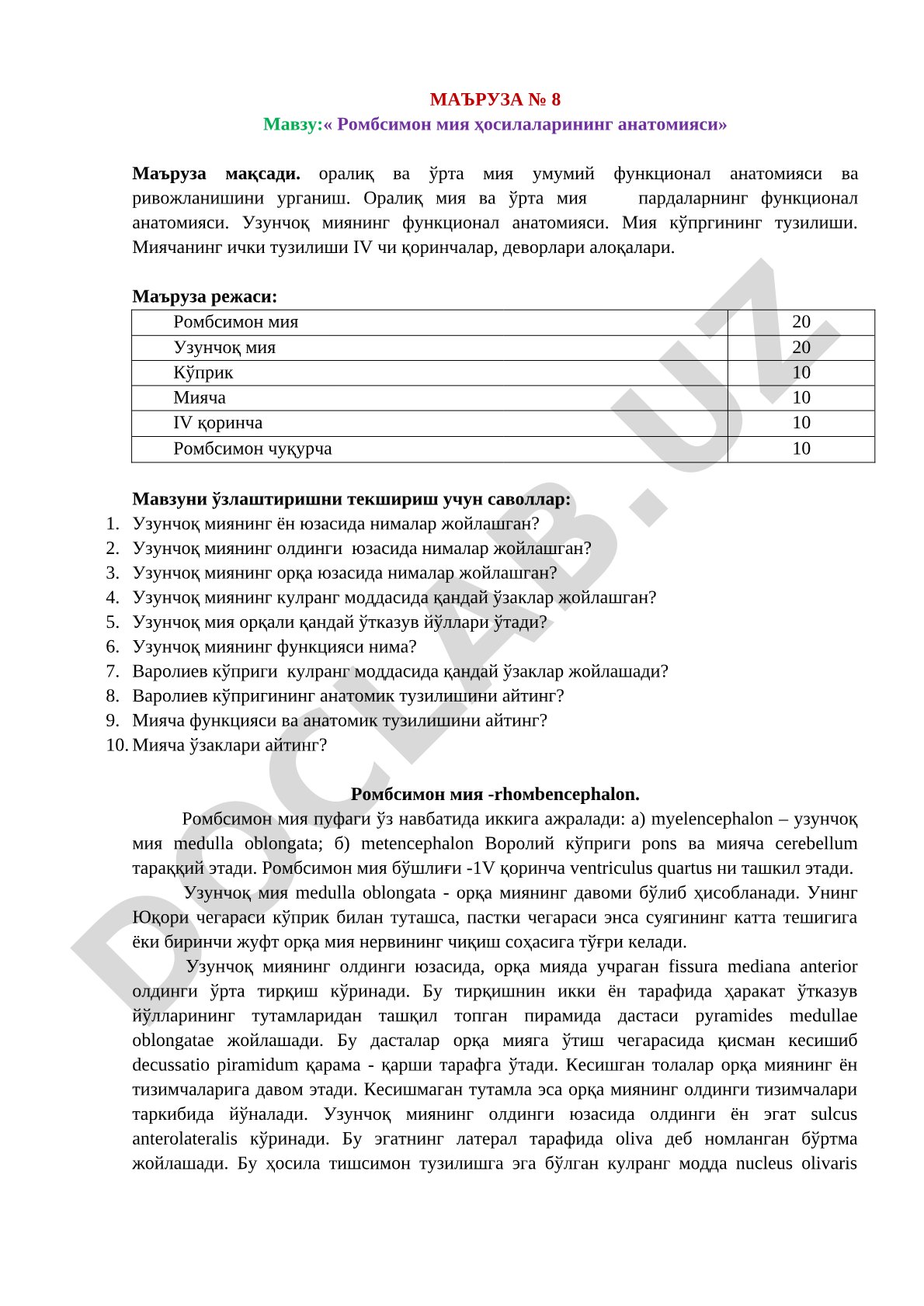Ромбсимон мия ҳосилаларининг анатомияси