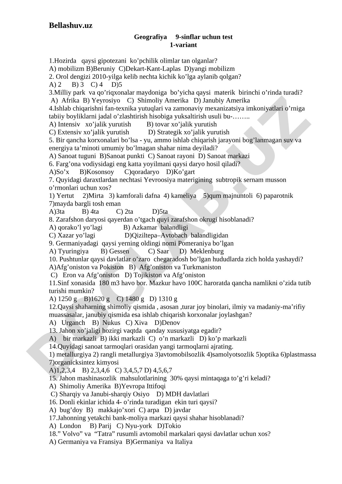 Geografiya 9-sinflar uchun test 1-variant