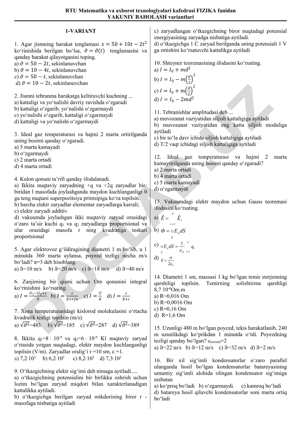 Fizika fanidan yakuniy baholash variantlari