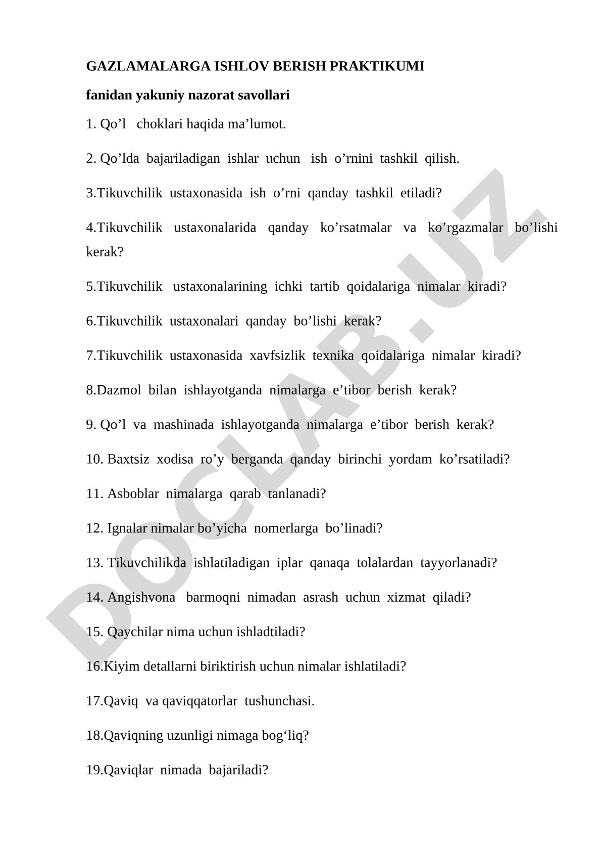 GAZLAMALARGA ISHLOV BERISH PRAKTIKUMI fanidan yakuniy nazorat savollari
