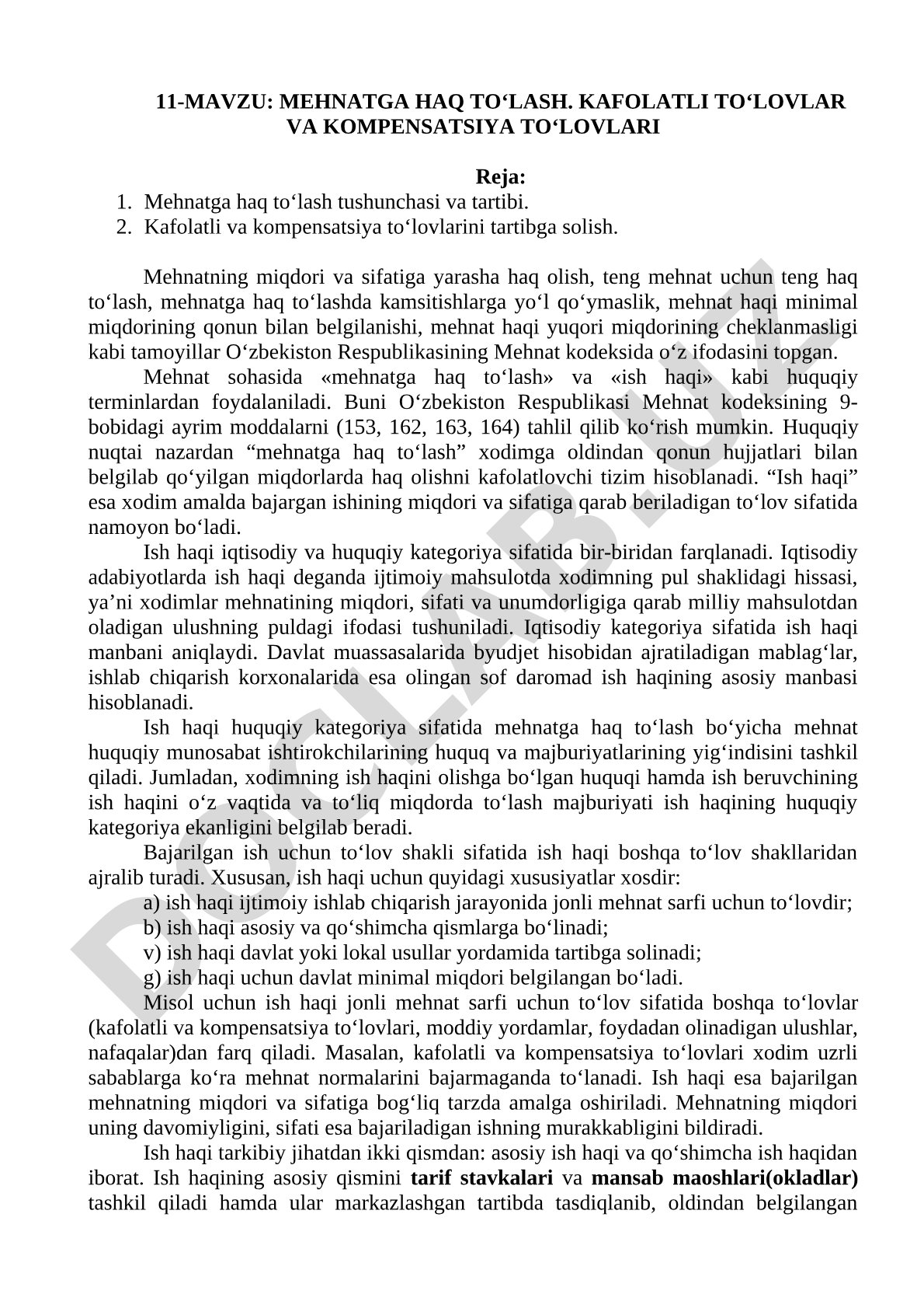 Mehnatga haq to‘lash. Kafolatli to‘lovlar va kompensatsiya to‘lovlari