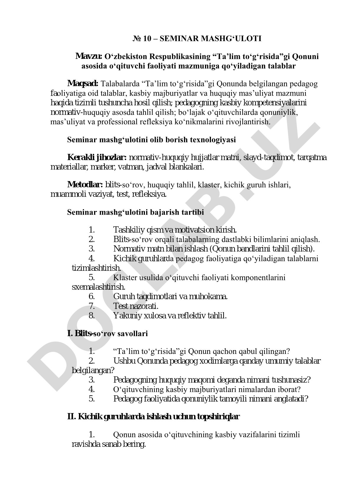 O'zbekiston Respublikasining Ta'lim to'g'risidagi Qonuni asosida o'qituvchi faoliyati mazmuniga qo'yiladigan talablar