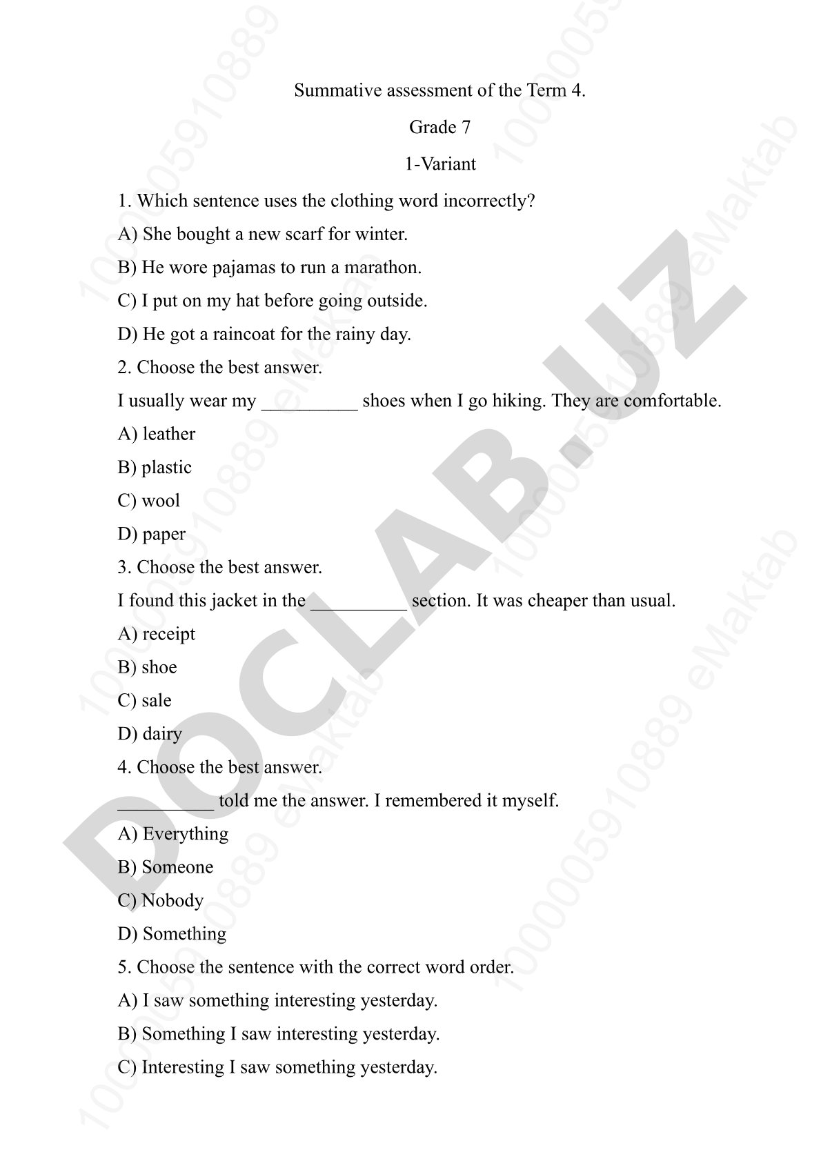 English Summative Assessment Grade 7 Term 4