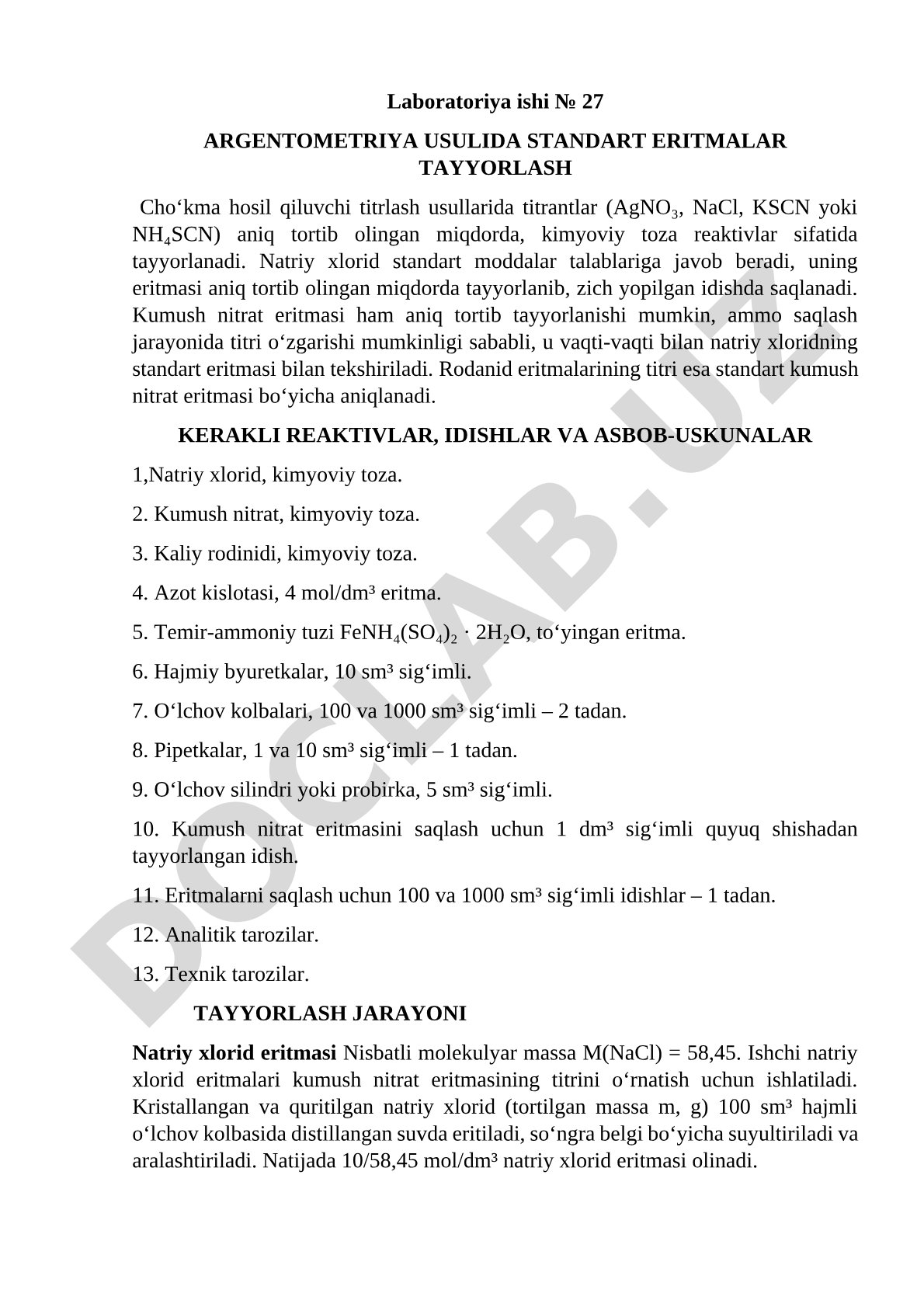 Laboratoriya ishi № 27 Argentometriya usulida standart eritmalar tayyorlash