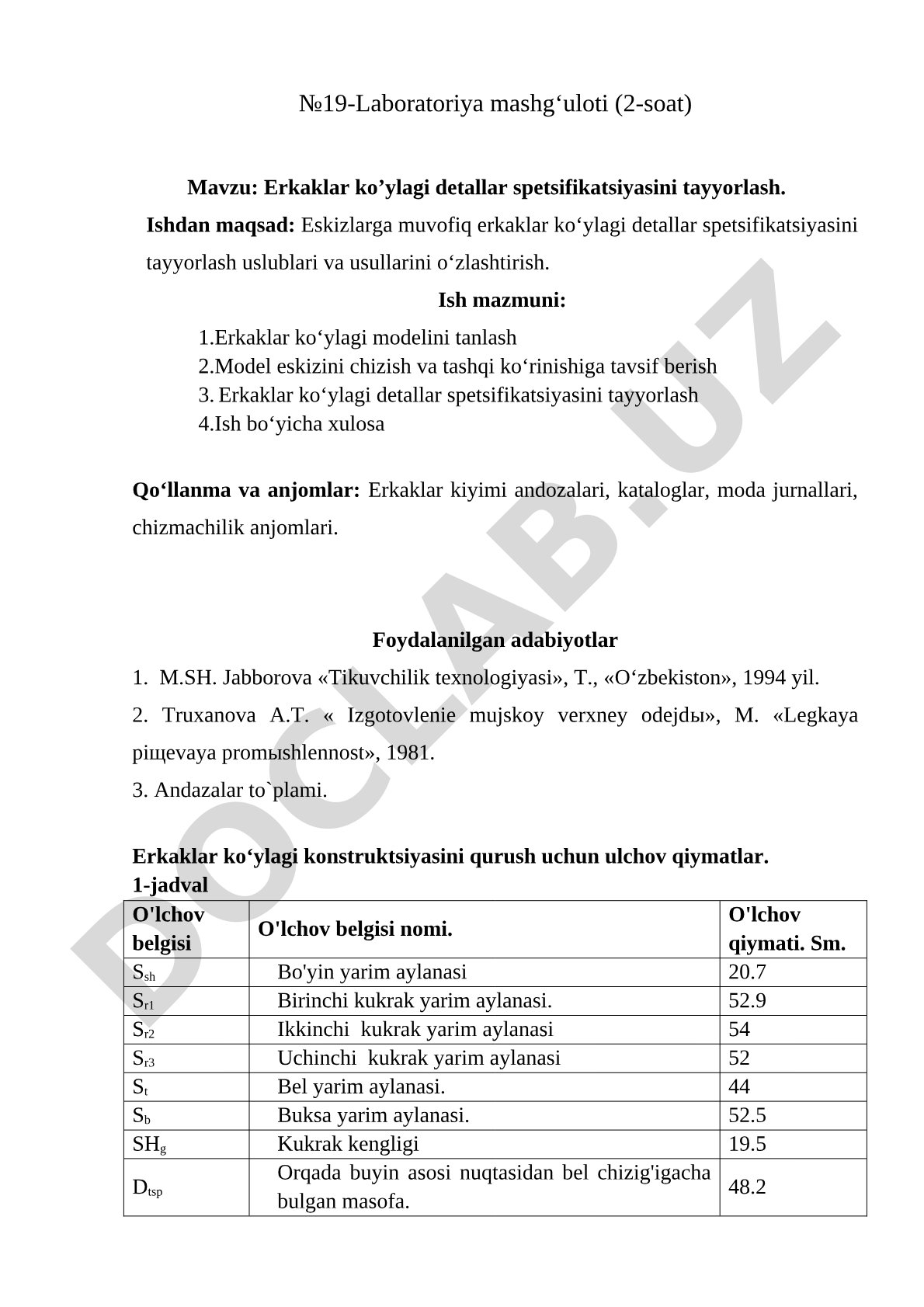Erkaklar ko’ylagi detallar spetsifikatsiyasini tayyorlash