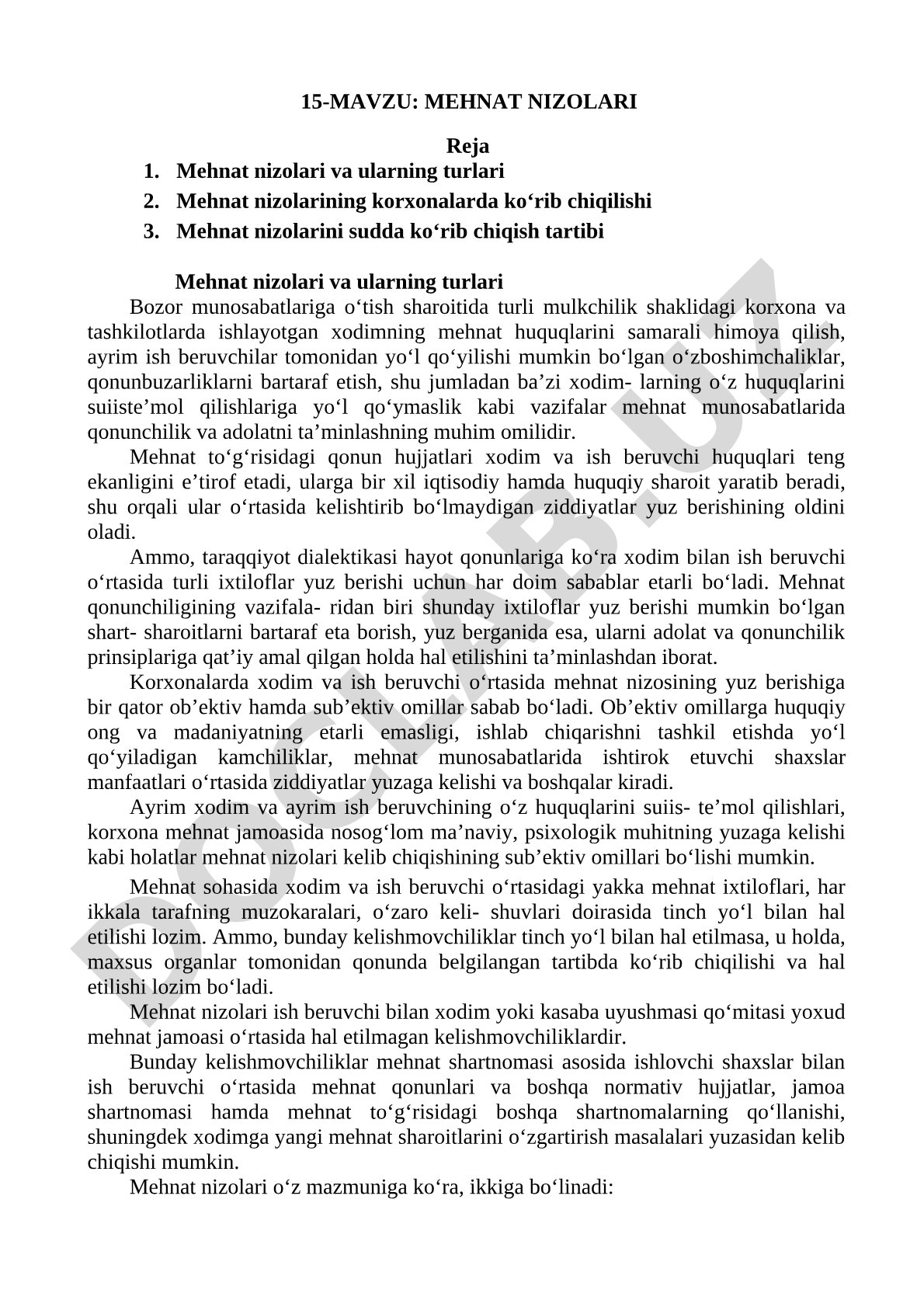 Mehnat nizolari turlari, korxonada va sudda ko'rib chiqish tartibi