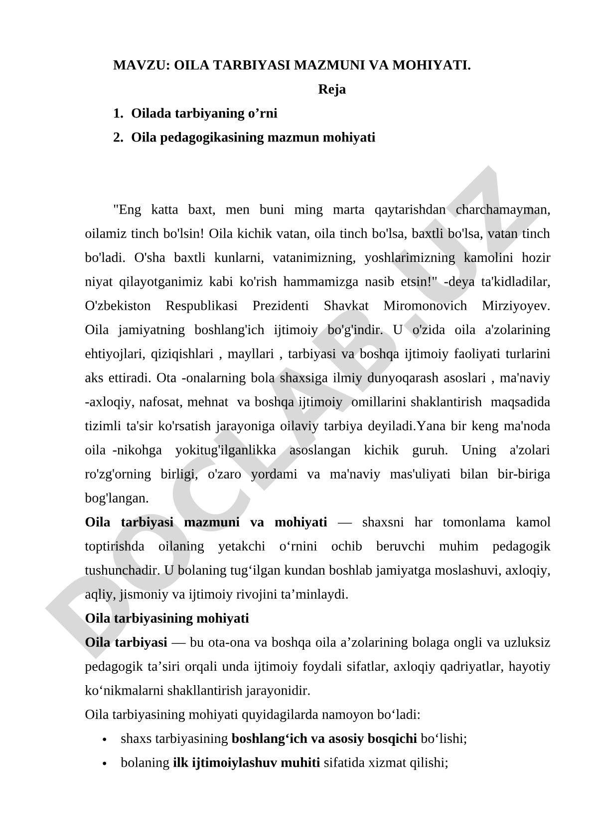Oila tarbiyasi mazmuni va mohiyati