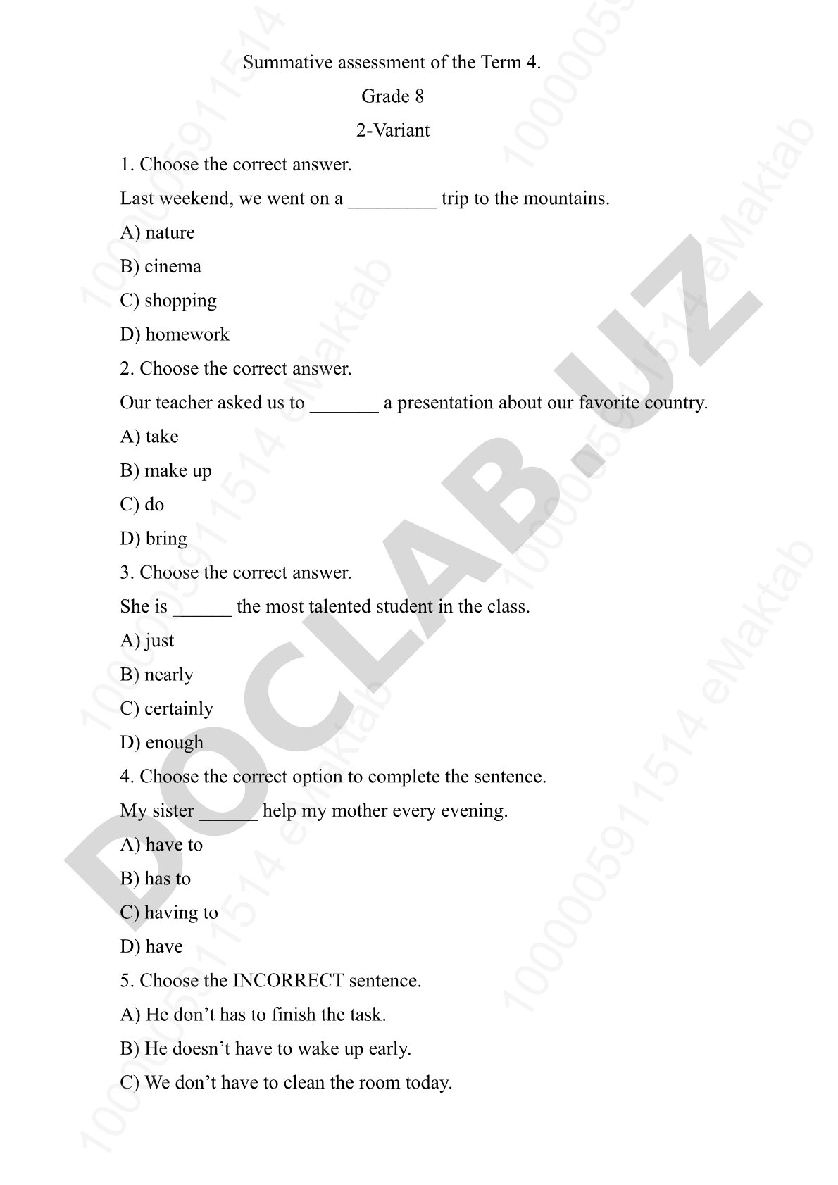 Term 4 Summative Assessment Grade 8 Variant 2