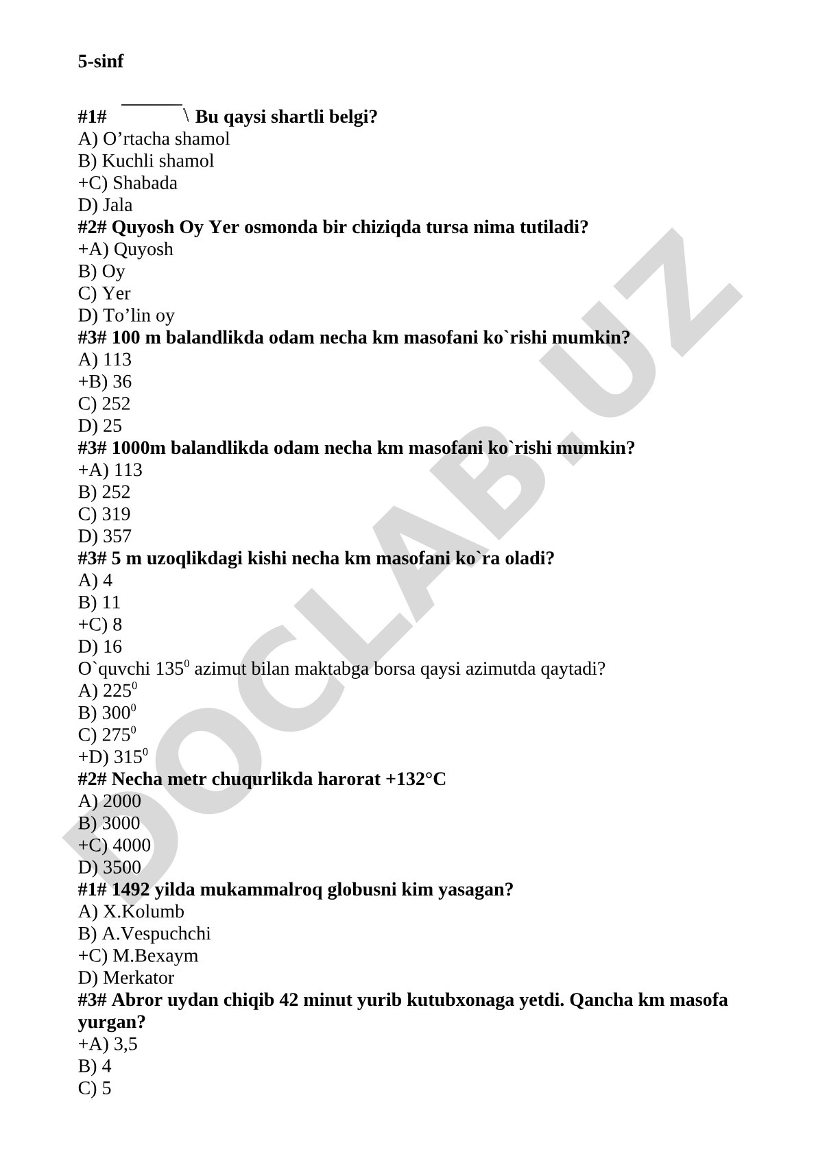 5-sinf geografiya fanidan test savollari