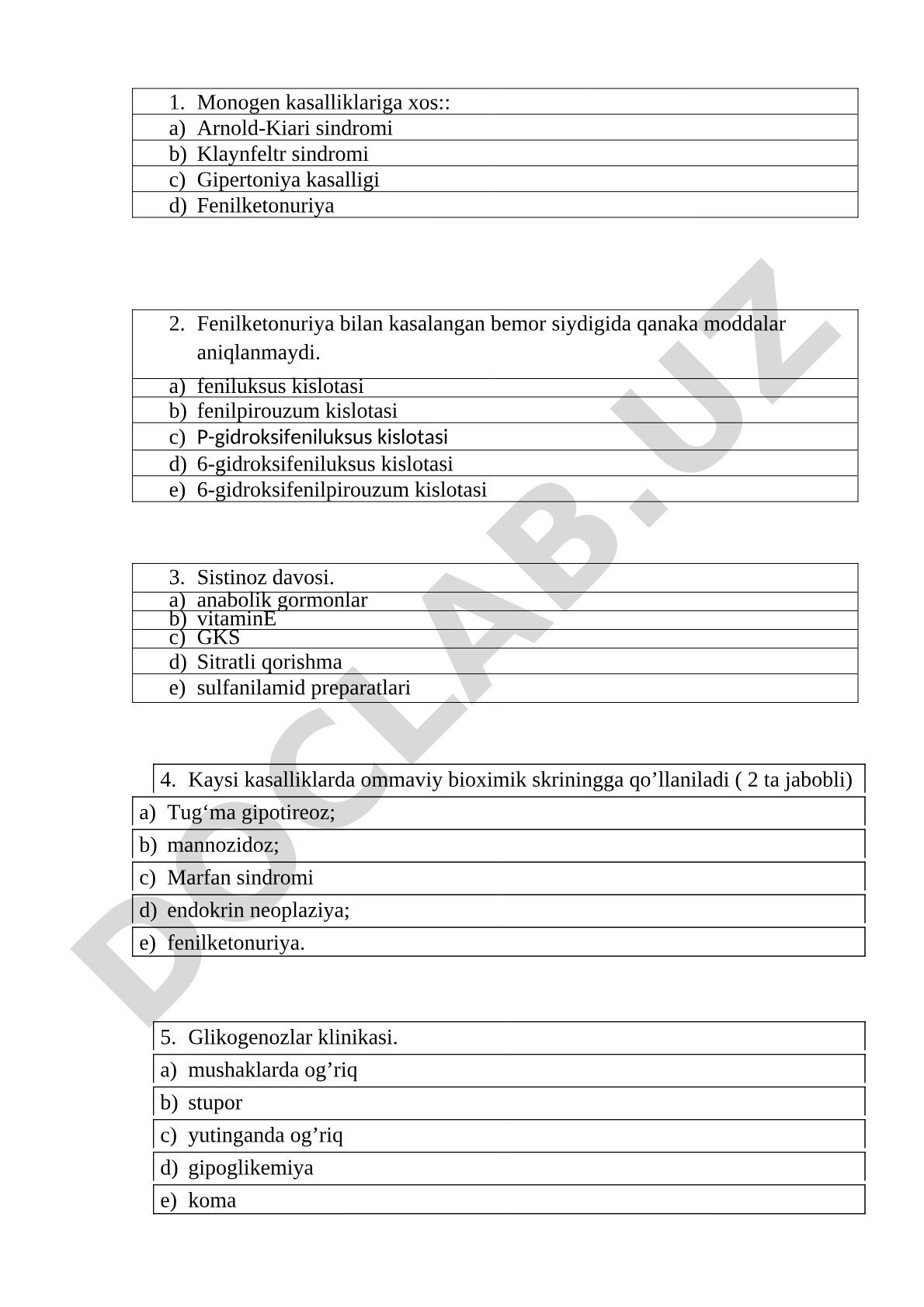 Monogen irsiy kasalliklar bo'yicha test savollari