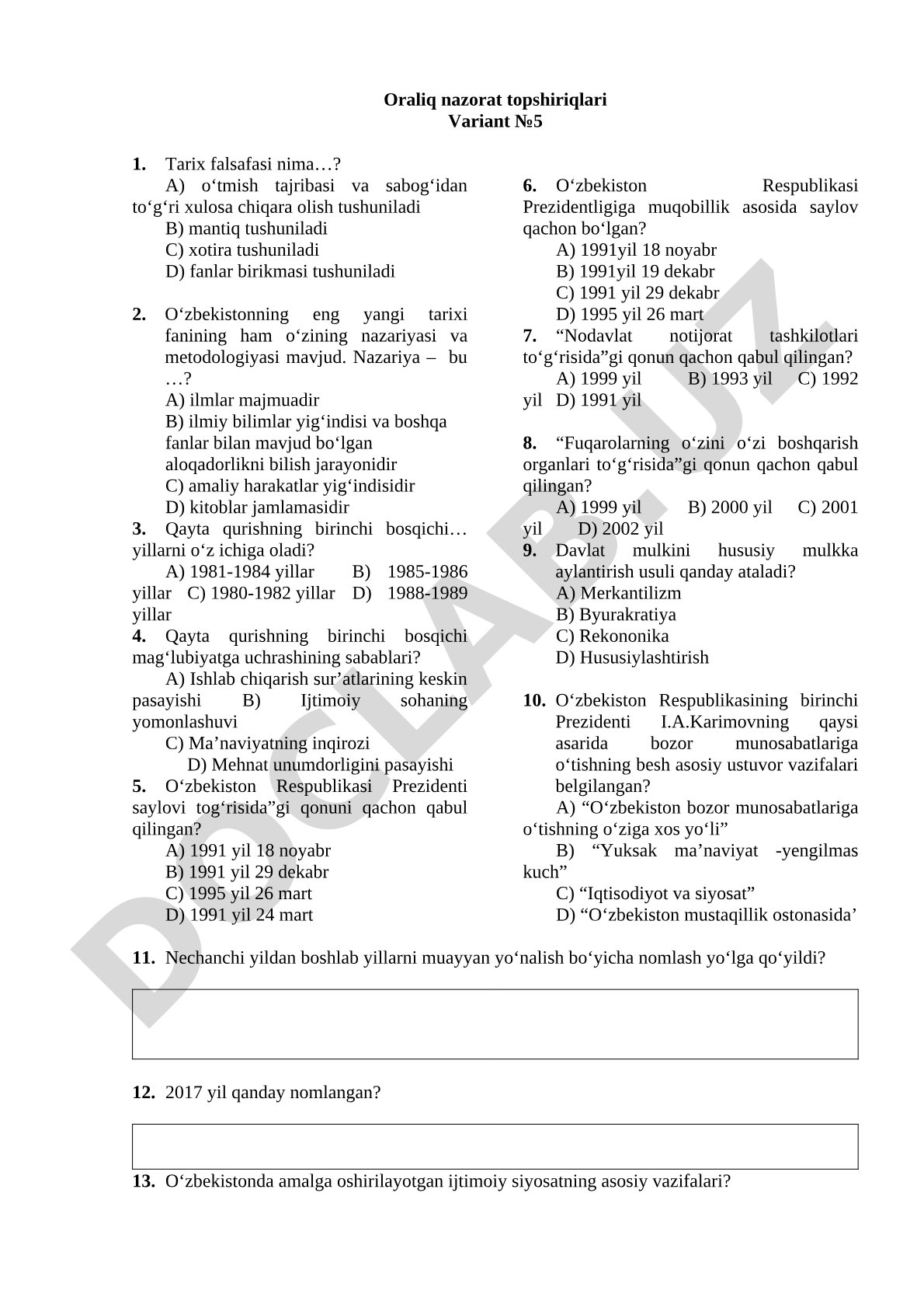 Tarix falsafasi va O'zbekiston yangi tarixi bo'yicha test