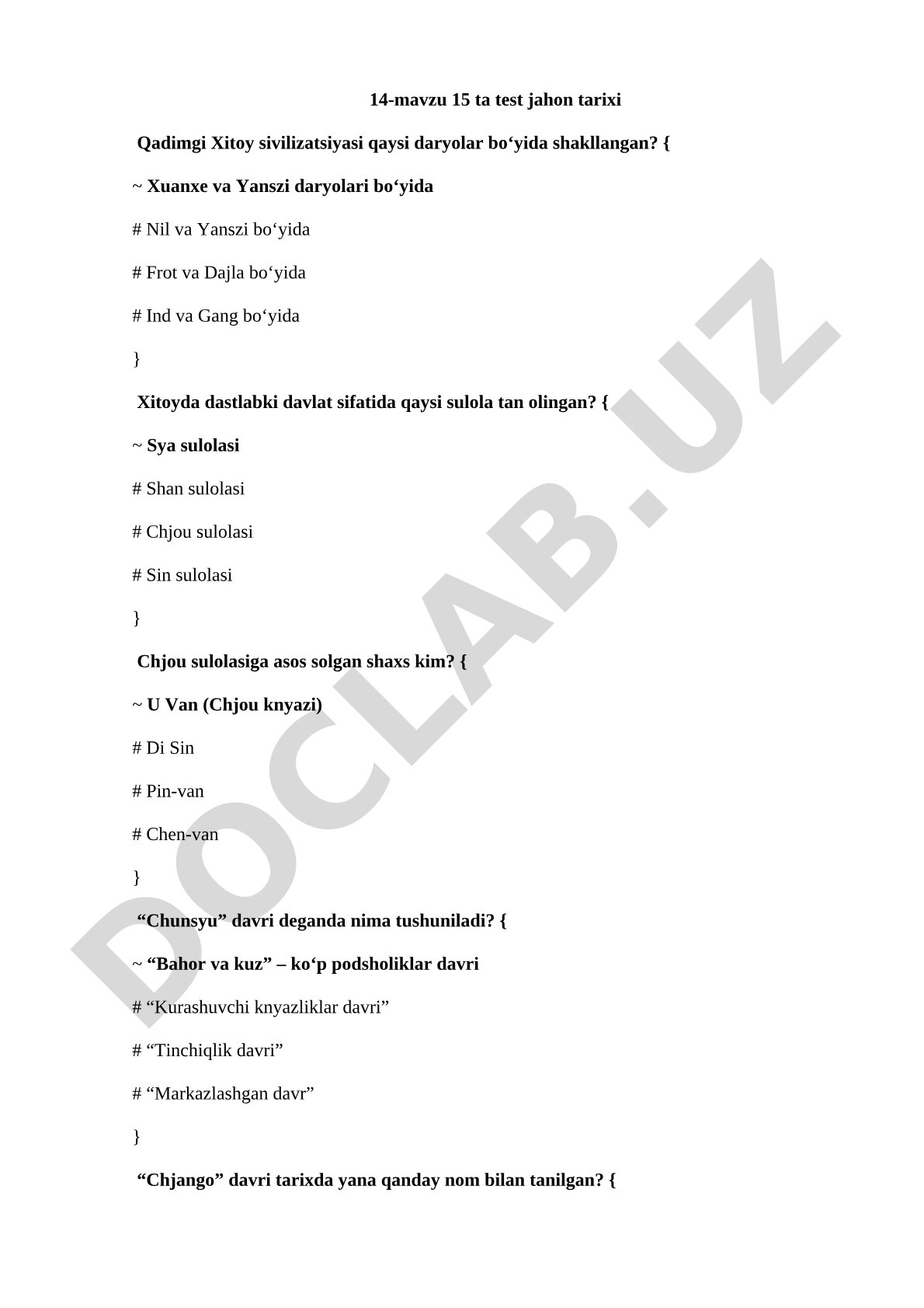 Qadimgi Xitoy sivilizatsiyasi testlari