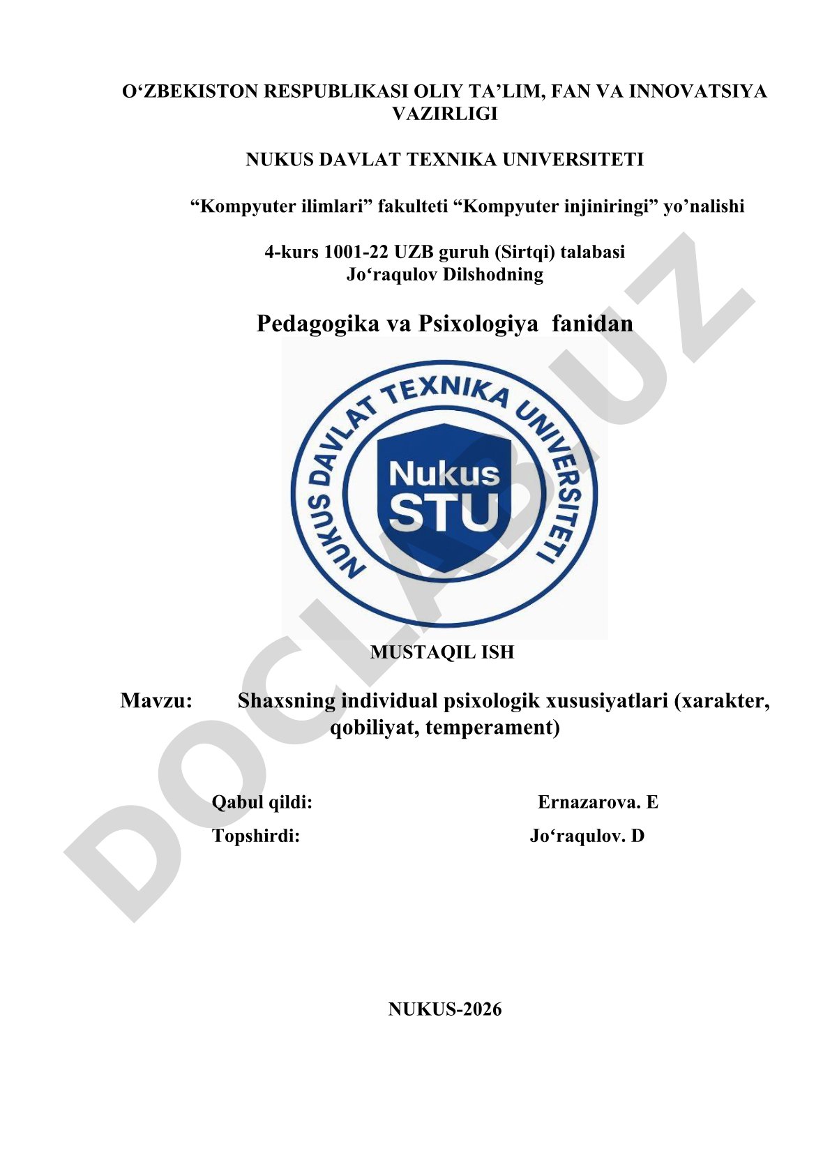 Shaxsning individual psixologik xususiyatlari (xarakter, qobiliyat, temperament)