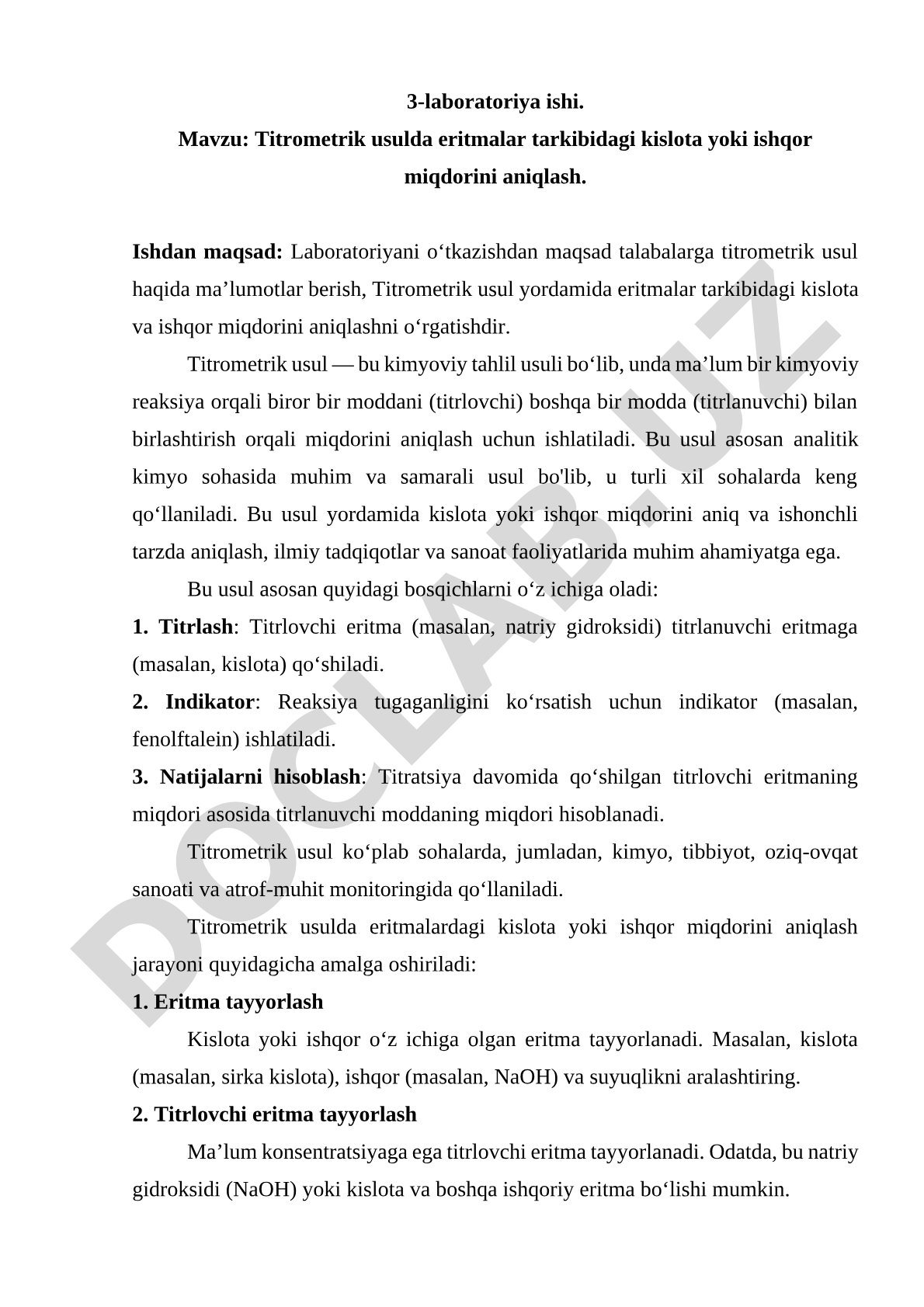 Titrometrik usulda eritmalar tarkibidagi kislota yoki ishqor miqdorini aniqlash