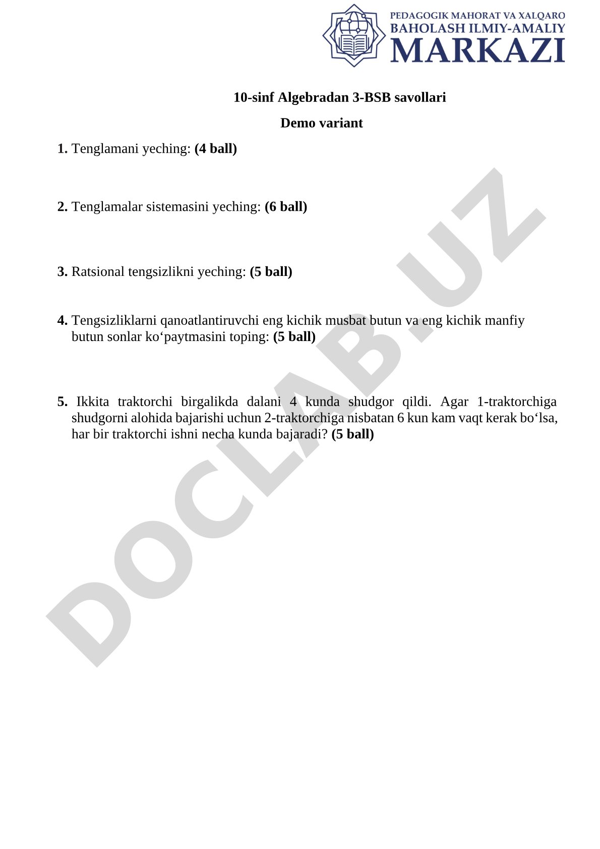 10-sinf Algebradan 3-BSB savollari Demo variant