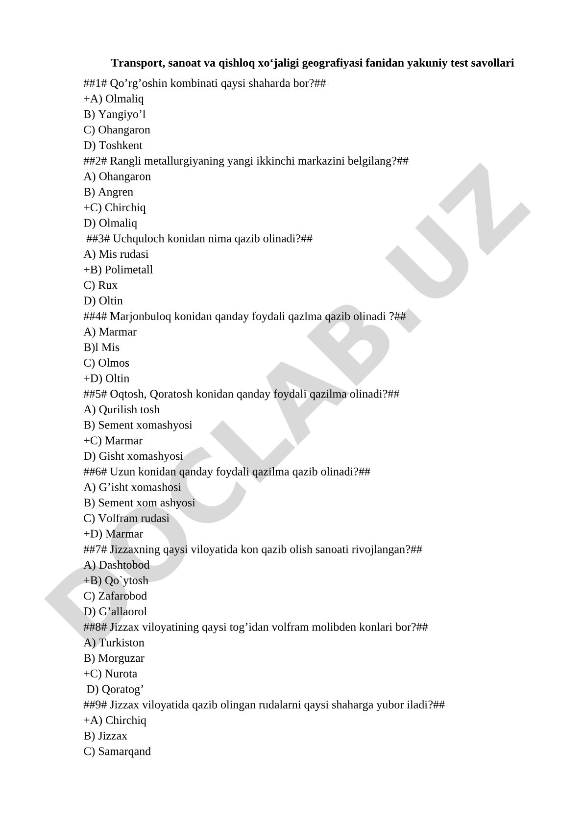 Transport, sanoat va qishloq xo'jaligi geografiyasi fanidan yakuniy test savollari