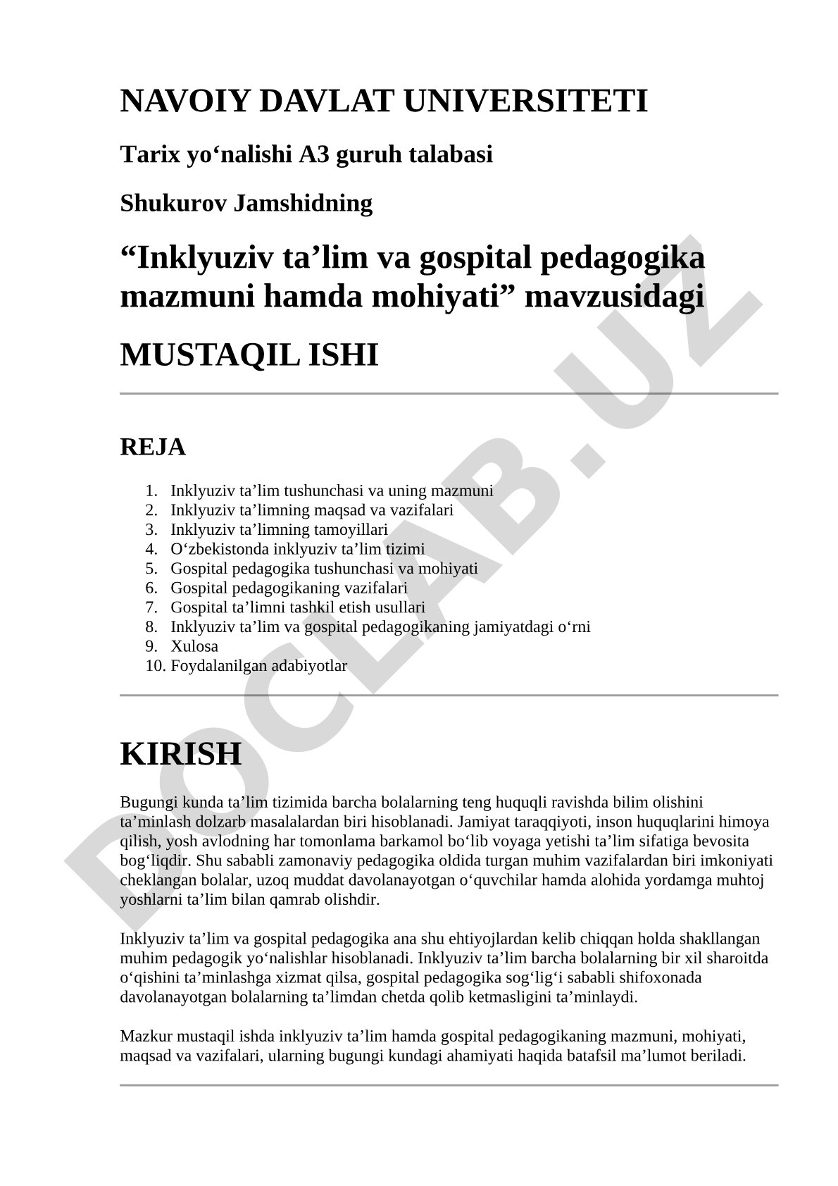 Inklyuziv ta’lim va gospital pedagogika mazmuni hamda mohiyati