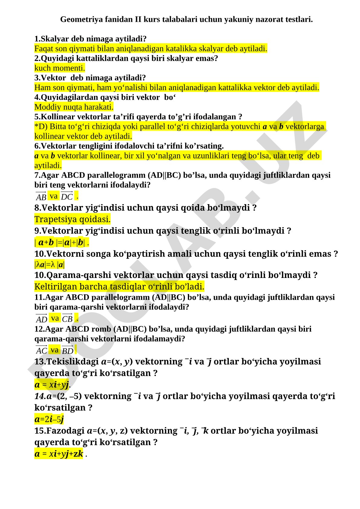 Geometriya fanidan II kurs talabalari uchun yakuniy nazorat testlari