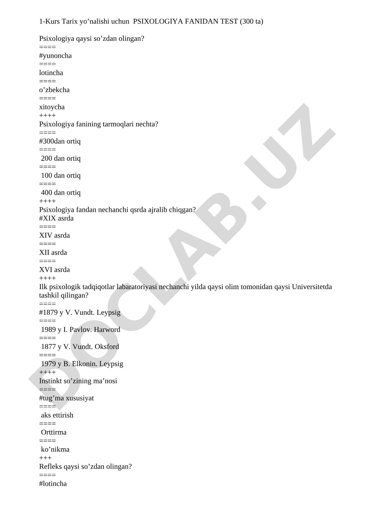 1-Kurs Tarix yo’nalishi uchun Psixologiya fanidan test (300 ta)