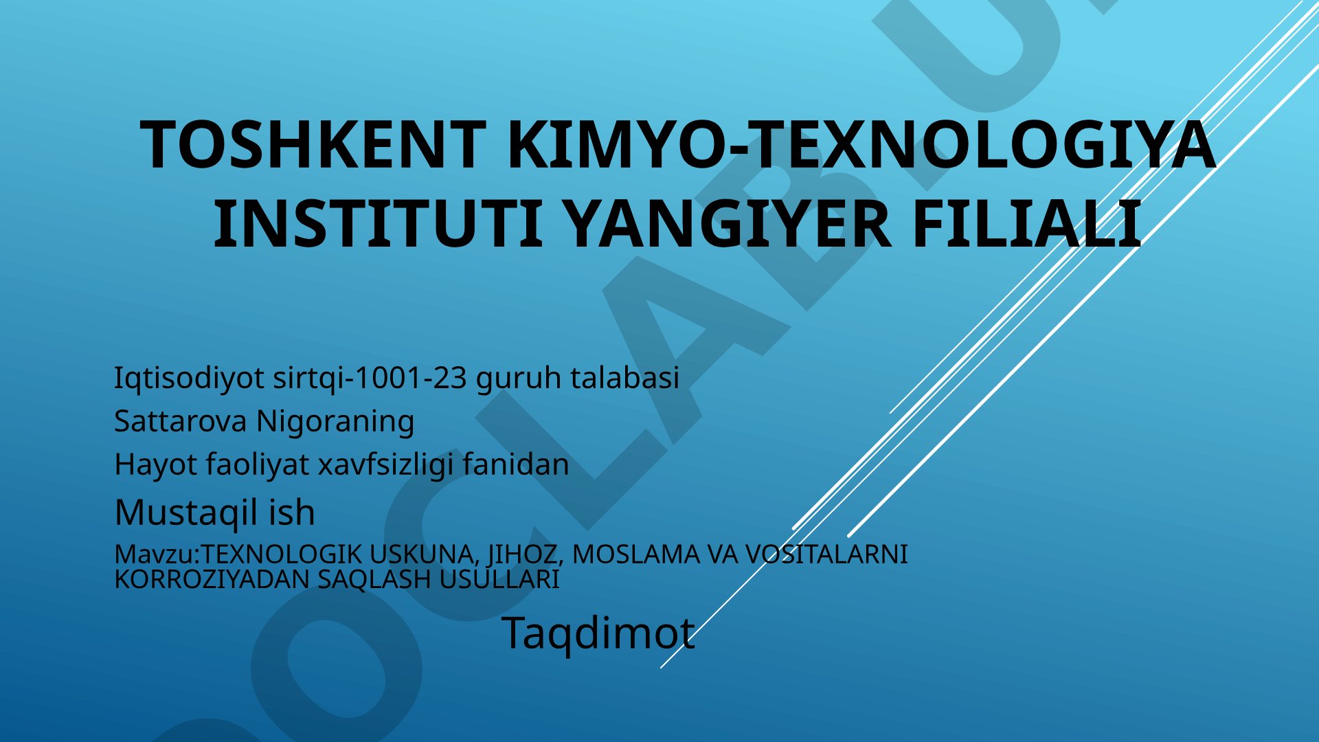 Texnologik uskuna, jihoz, moslama va vositalarni korroziyadan saqlash usullari