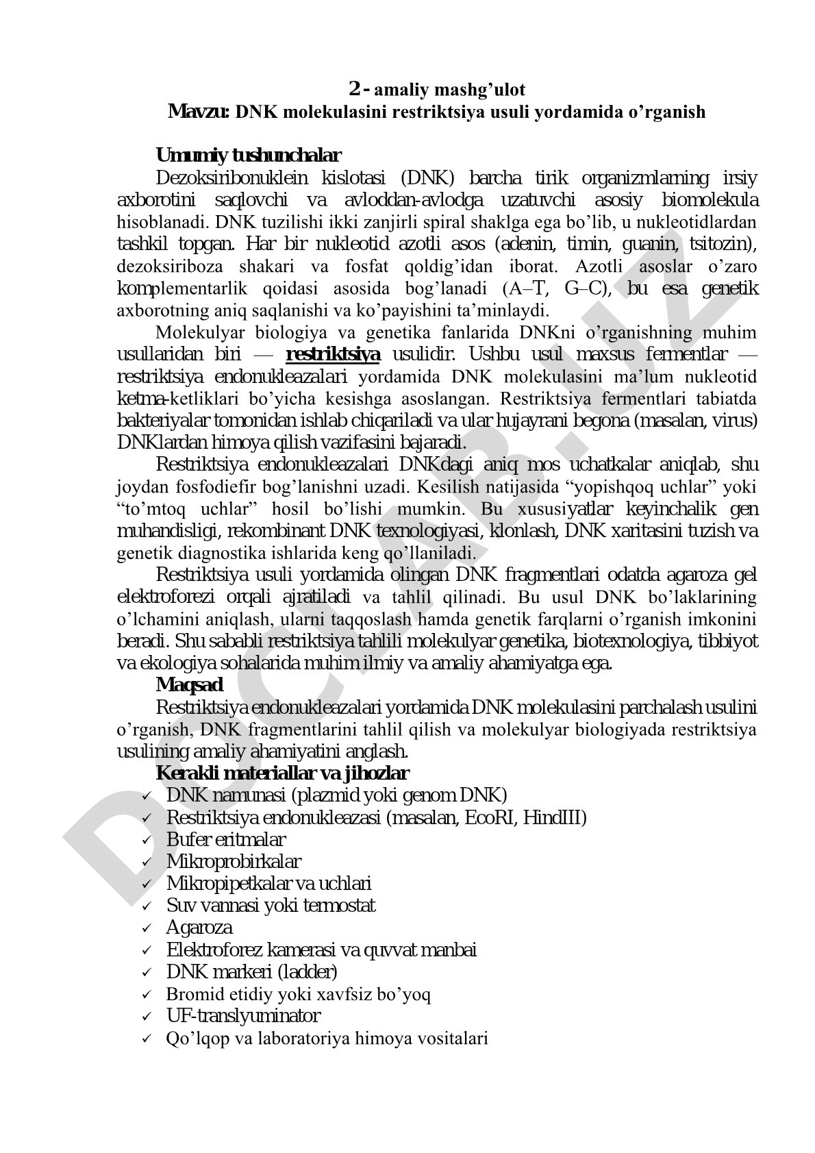 DNK molekulasini restriktsiya usuli yordamida o'rganish