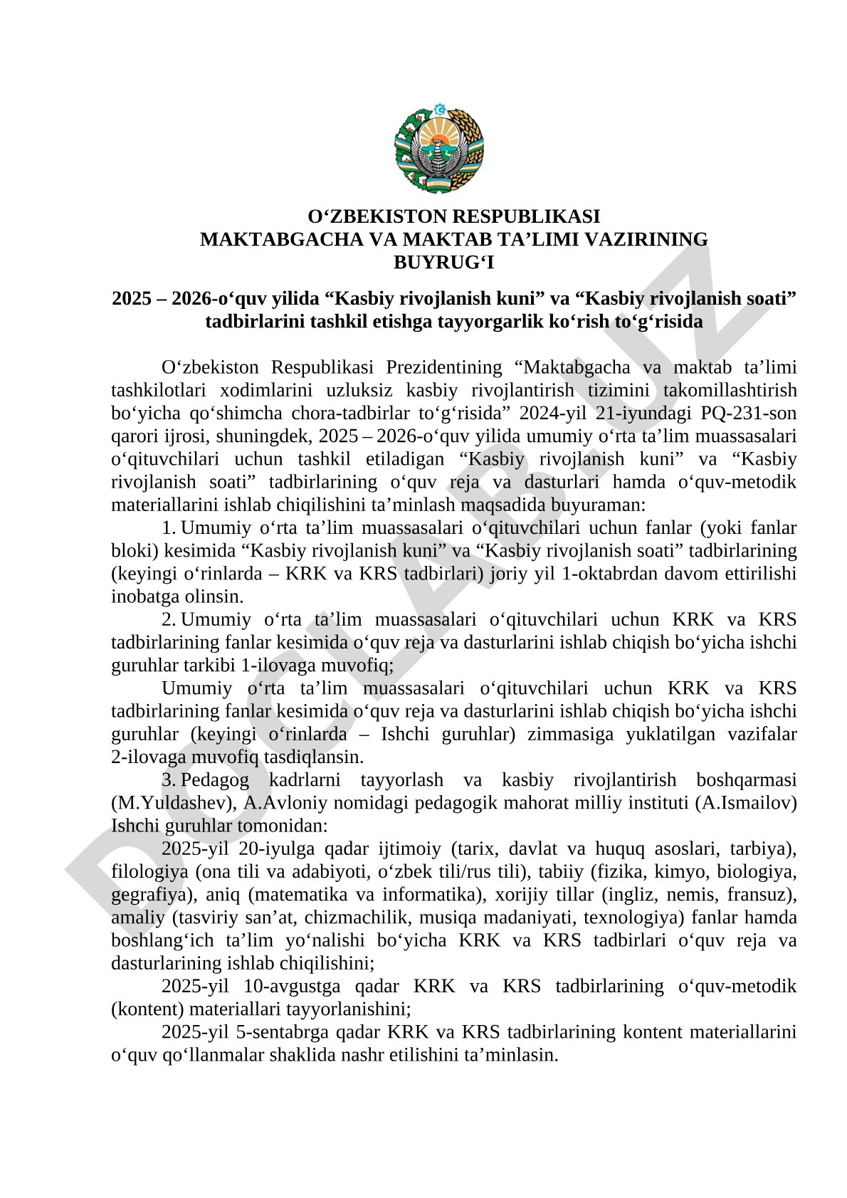 2025-2026-o‘quv yilida kasbiy rivojlanish tadbirlarini tashkil etish