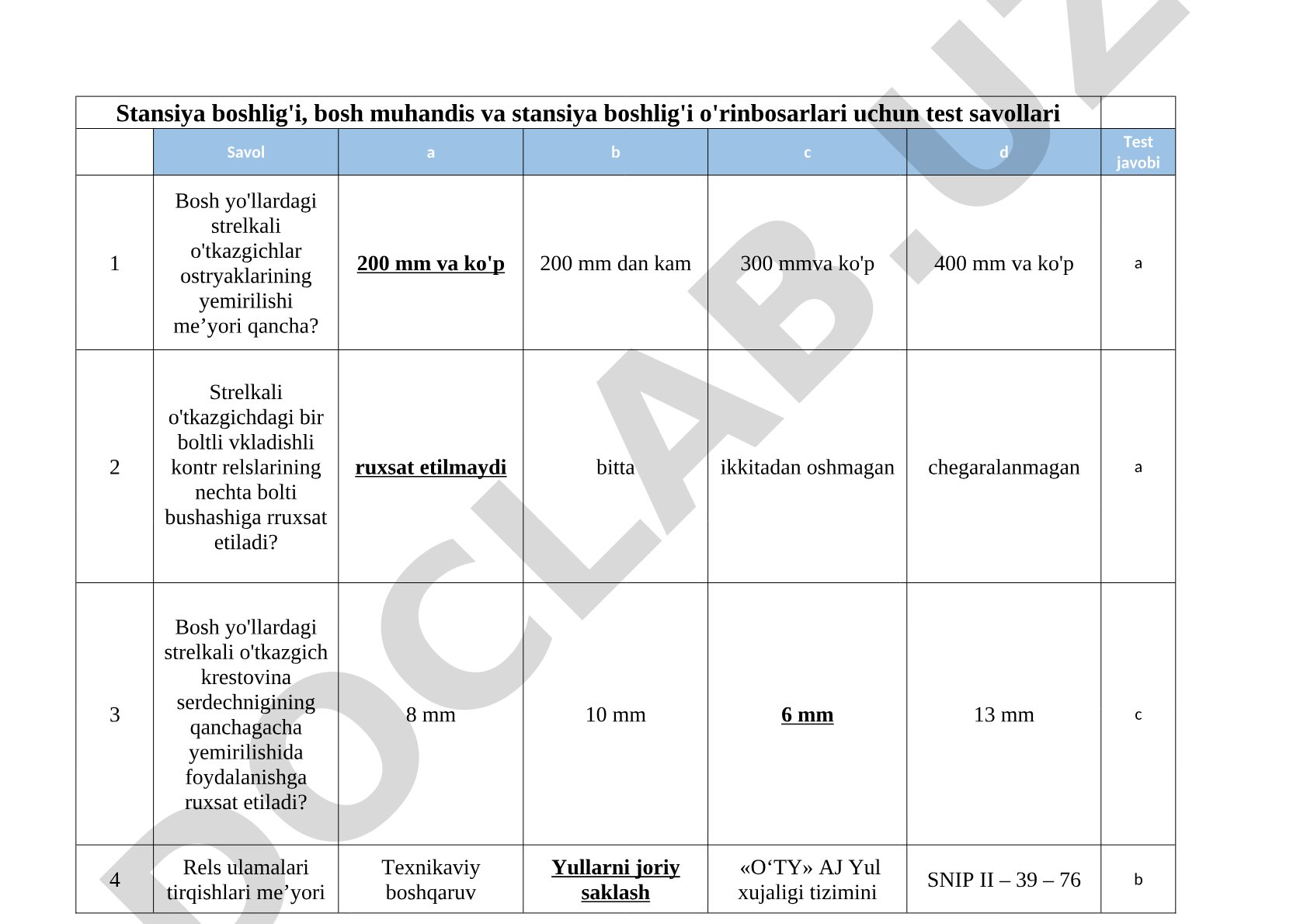 Stansiya boshlig'i, bosh muhandis va stansiya boshlig'i o'rinbosarlari uchun test savollari