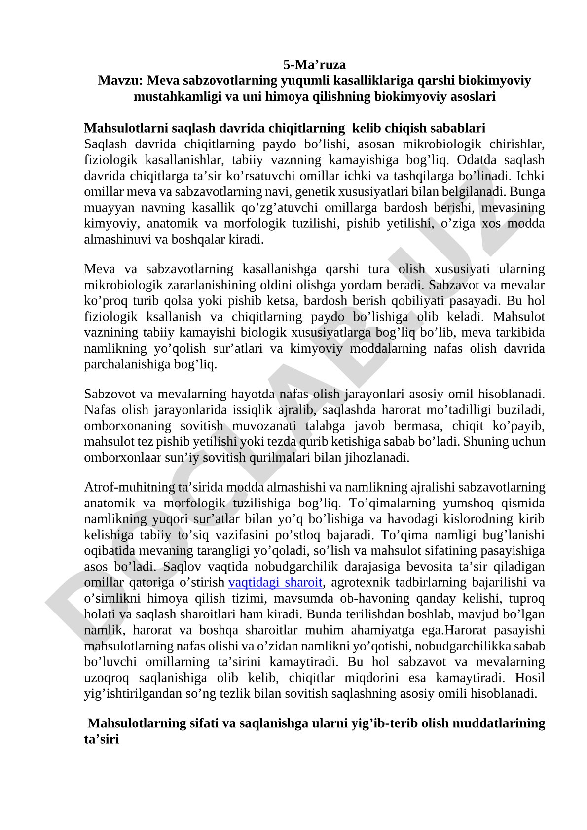 Meva sabzovotlarning yuqumli kasalliklariga qarshi biokimyoviy mustahkamligi va uni himoya qilishning biokimyoviy asoslari