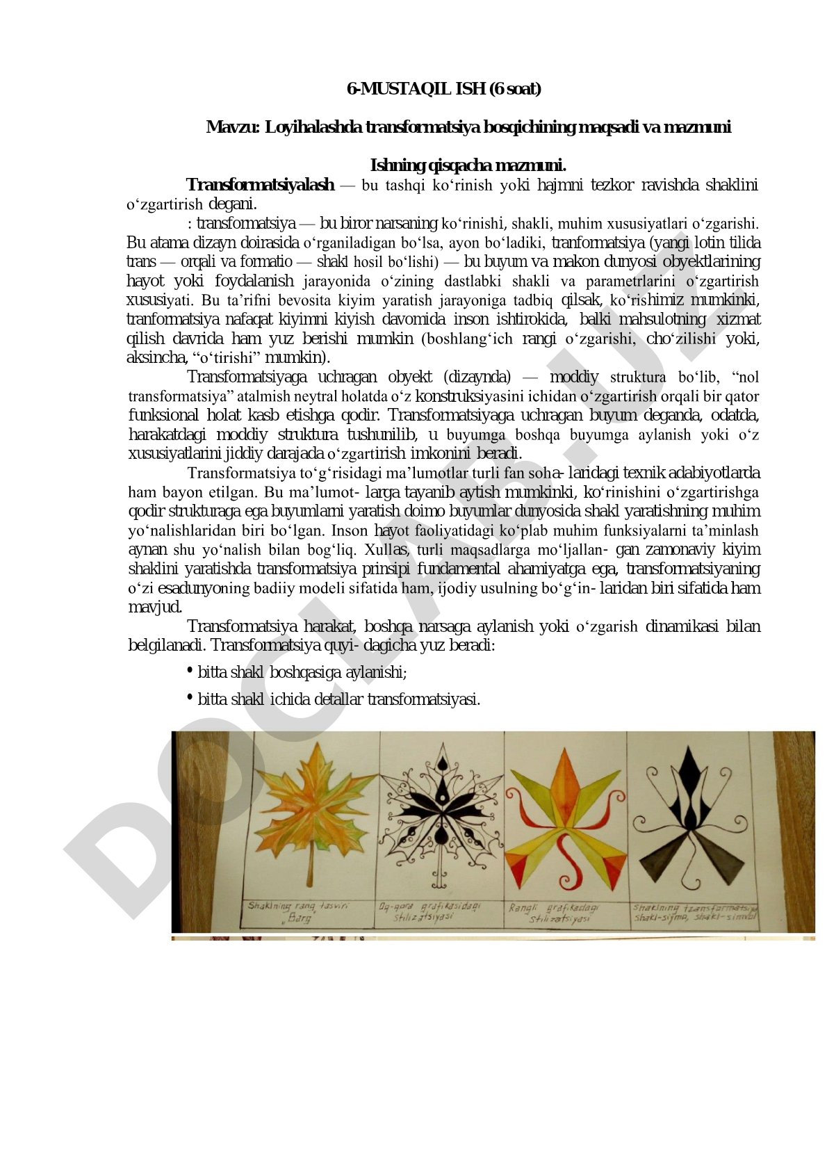 Loyihalashda transformatsiya bosqichining maqsadi va mazmuni
