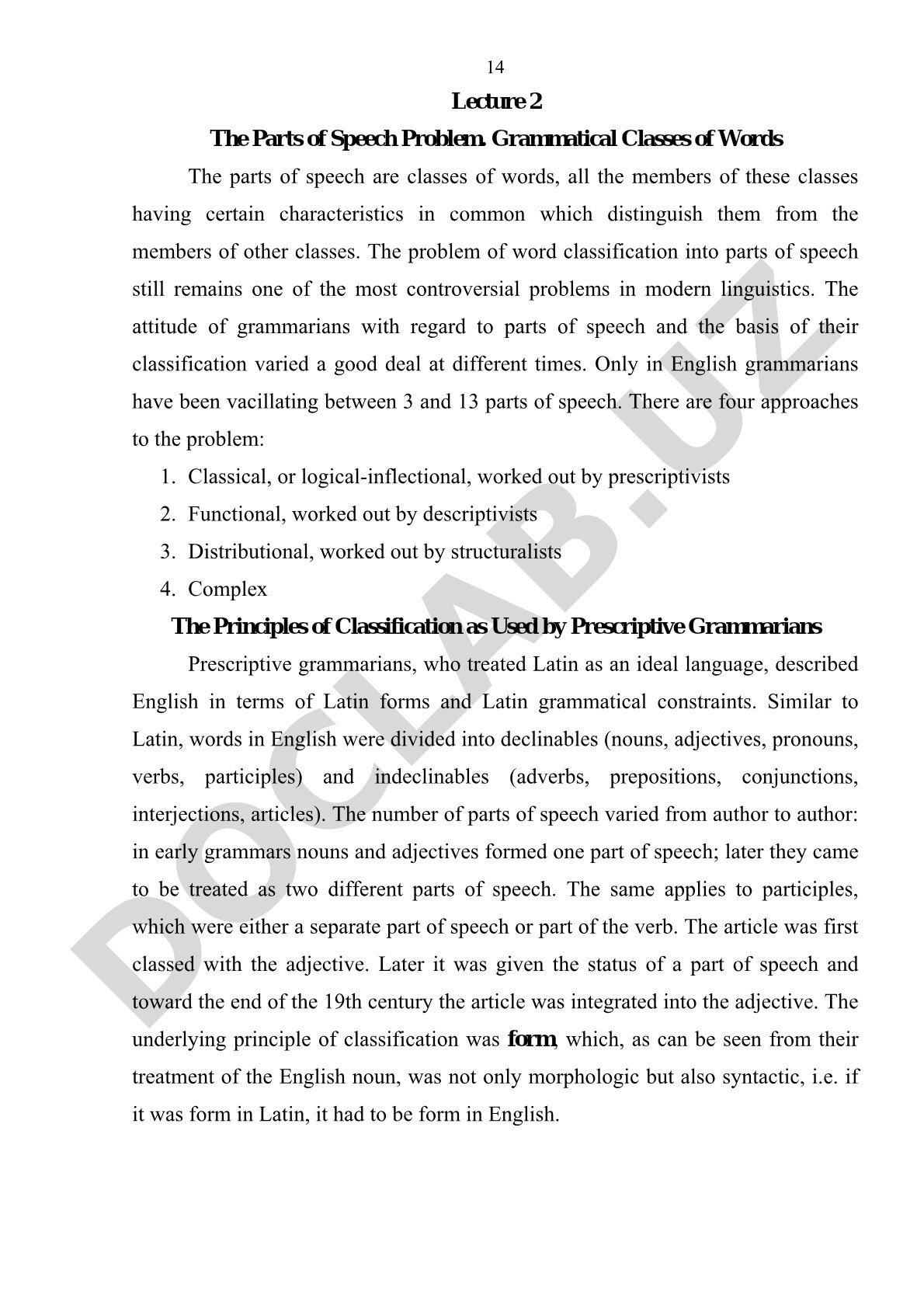 The Parts of Speech Problem: Grammatical Classes of Words