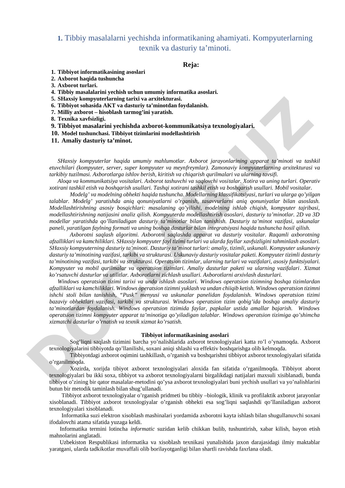 Tibbiy masalalarni yechishda informatikaning ahamiyati. Kompyuterlarning texnik va dasturiy ta’minoti.