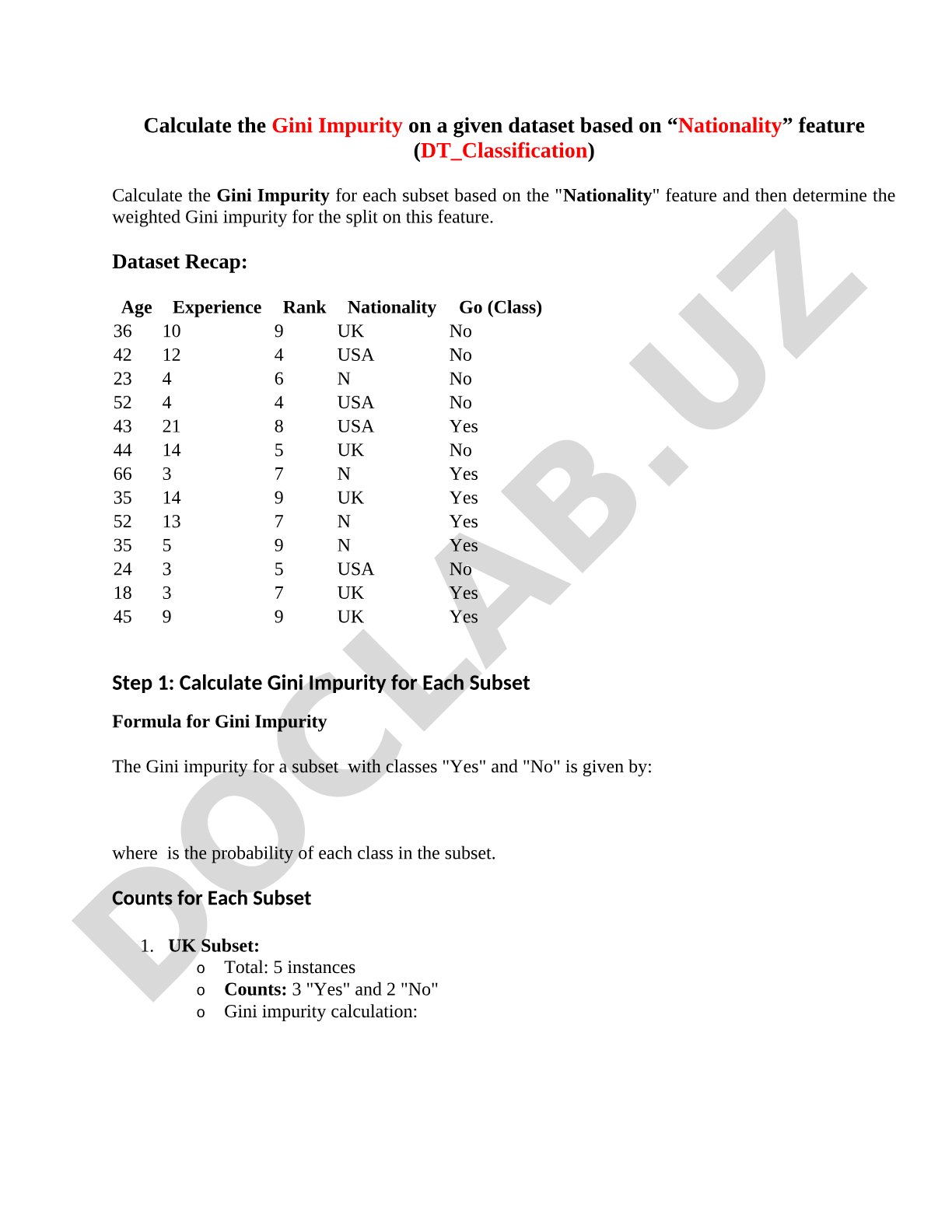 Gini Impurity Calculation for Nationality Feature