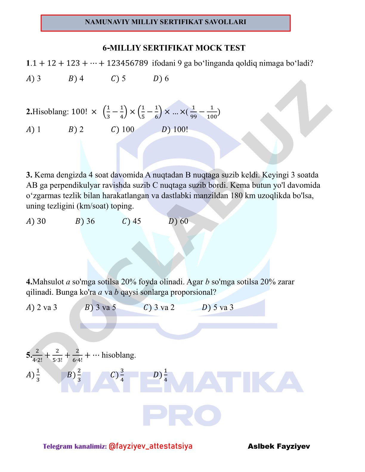 Milliy sertifikat namunaviy test savollari