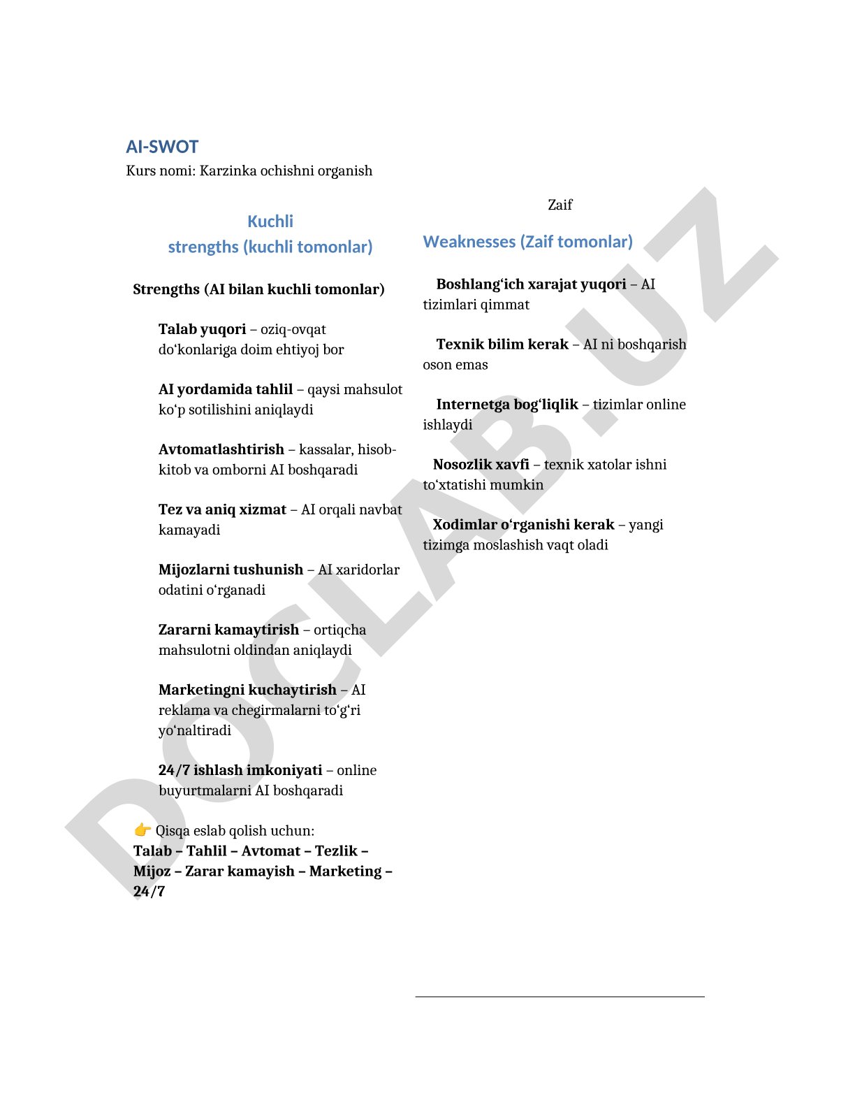 Karzinka ochishni organish: AI-SWOT tahlili