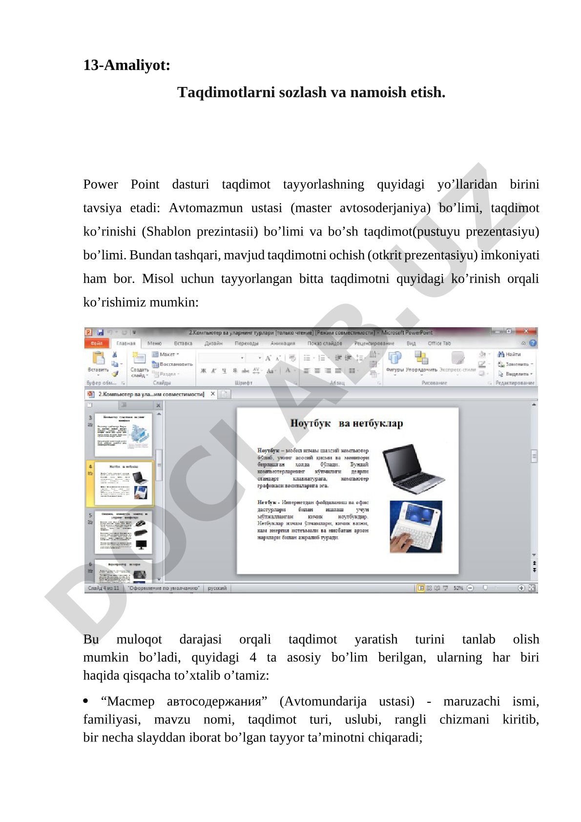 PowerPoint dasturida slaydlar yaratish usullari