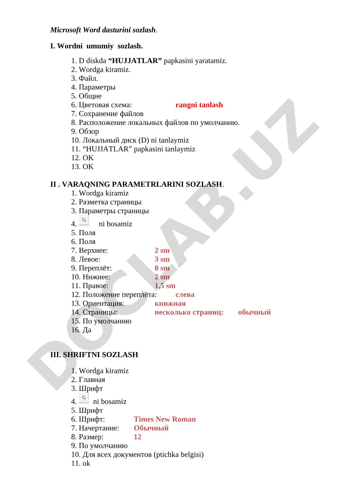 Microsoft Word dasturini sozlash bo'yicha yo'riqnoma
