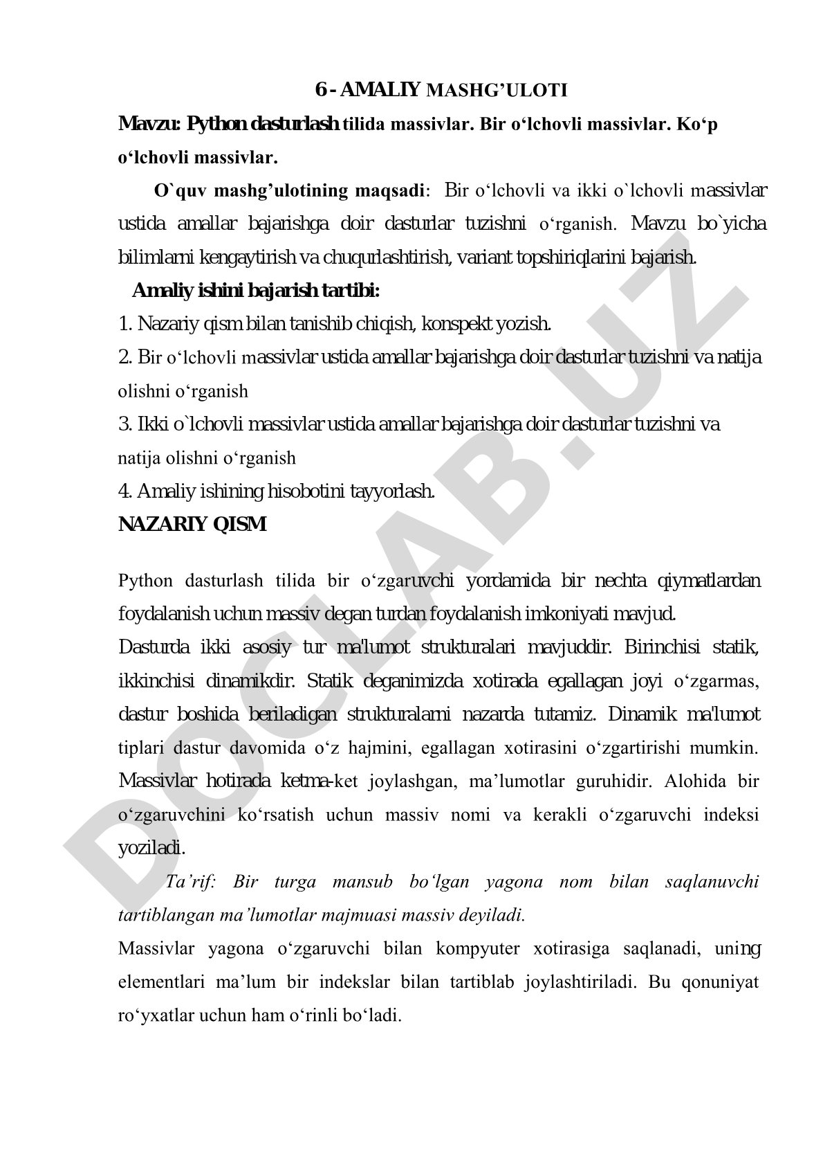 Python dasturlash tilida massivlar. Bir o‘lchovli massivlar. Ko‘p o‘lchovli massivlar.