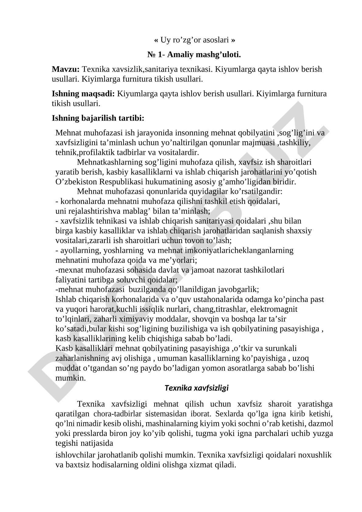 Texnika xavfsizlik, sanitariya texnikasi. Kiyimlarga qayta ishlov berish va furnitura tikish usullari