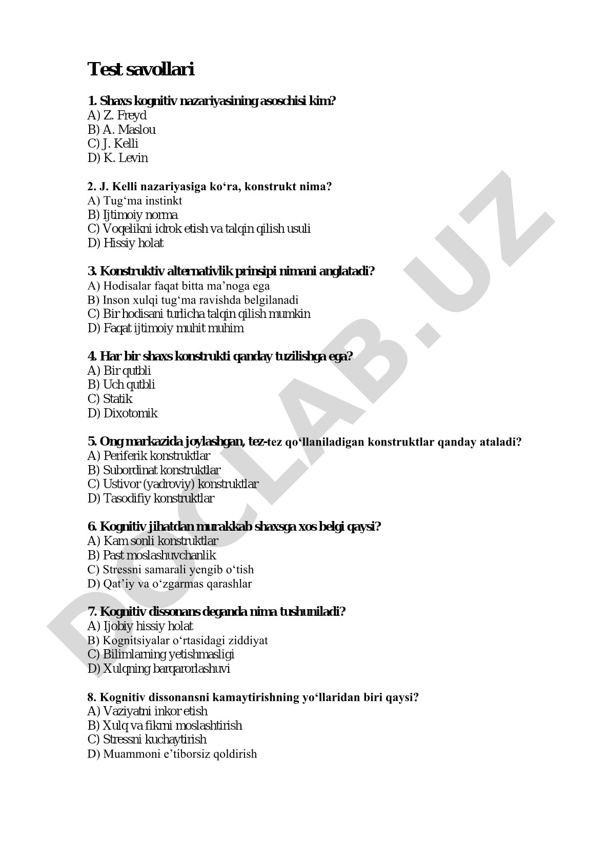 Shaxs kognitiv nazariyasiga oid test savollari